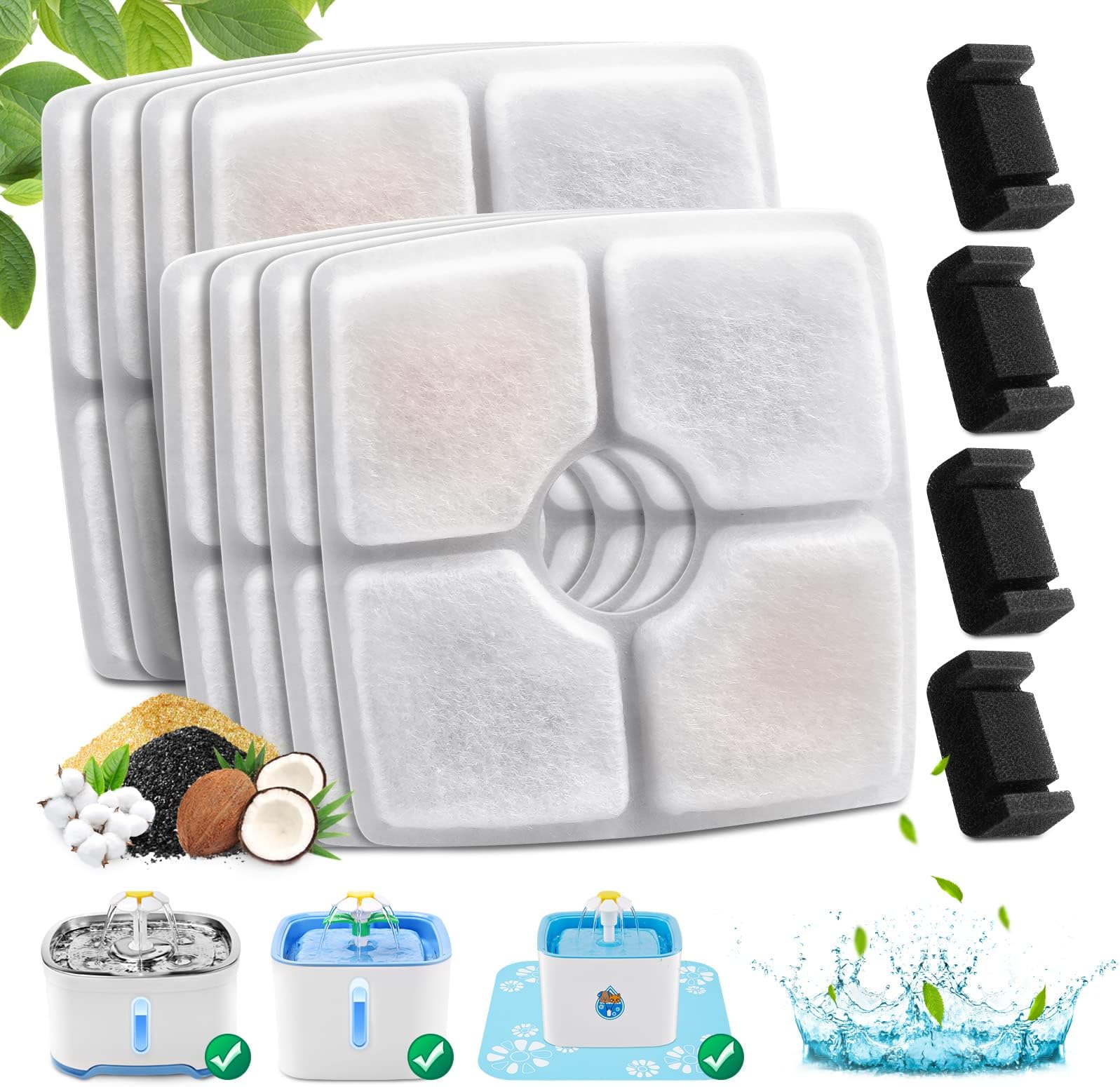 Cat Water Fountain Filters, 8-Pack Cat Fountain Filter Replacement & 4-Pack Pre-Filter Sponges for Square 84oz/2.5L Automatic Pet Fountain, Triple Filtration System Activated Carbon Replacement Filter