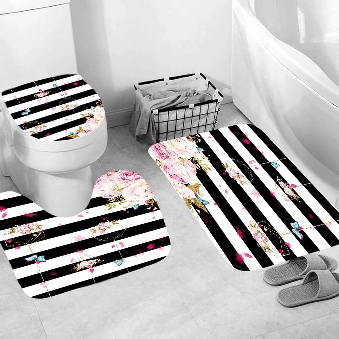 Juego De 3 Alfombras De Baño Franja De Flores Alfombra De Secado Rápido 50×80 Cm, Cubierta De Inodoro, Alfombra Tipo U Antideslizante Y Cortina De Baño