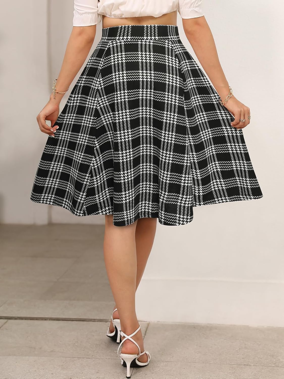 Sureple Skirts for Women Knee Length for Work Fall Elastic High Waist A-Line Flare Skirt Ruffle Hem with Pockets - Image 3