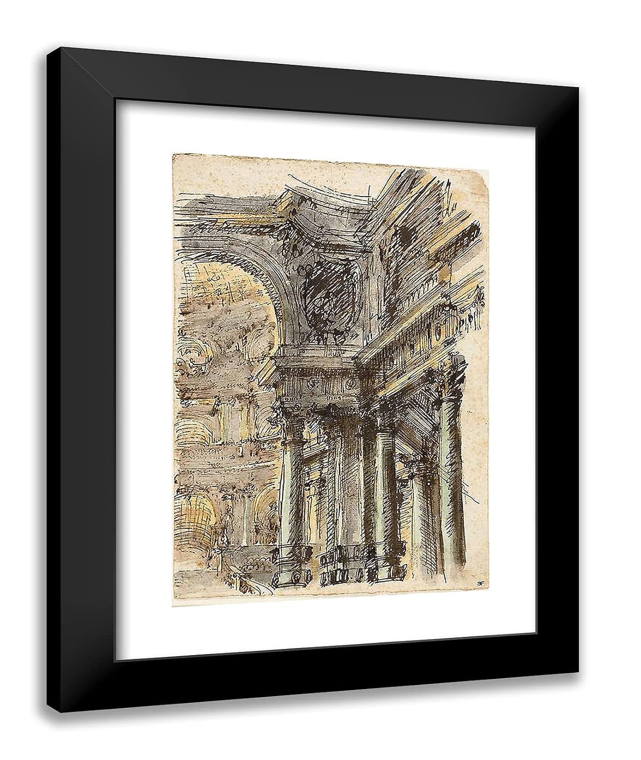 ArtDirect Mauro Antonio Tesi 19x24 Black Modern Framed and Double Matted Art Print Titled Architectural Fantasy (Recto); Architectural Details (Verso)