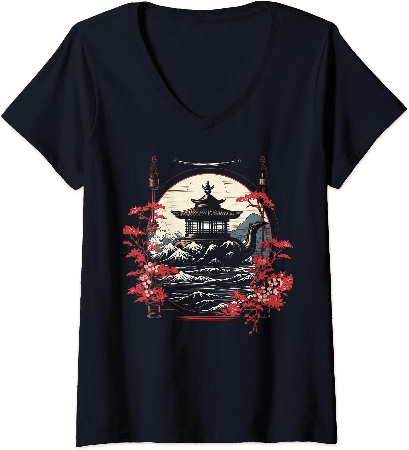 Womens Nambu Tekki Iron Kettles Japanese Art Gifts Funny Graphic V-Neck T-Shirt