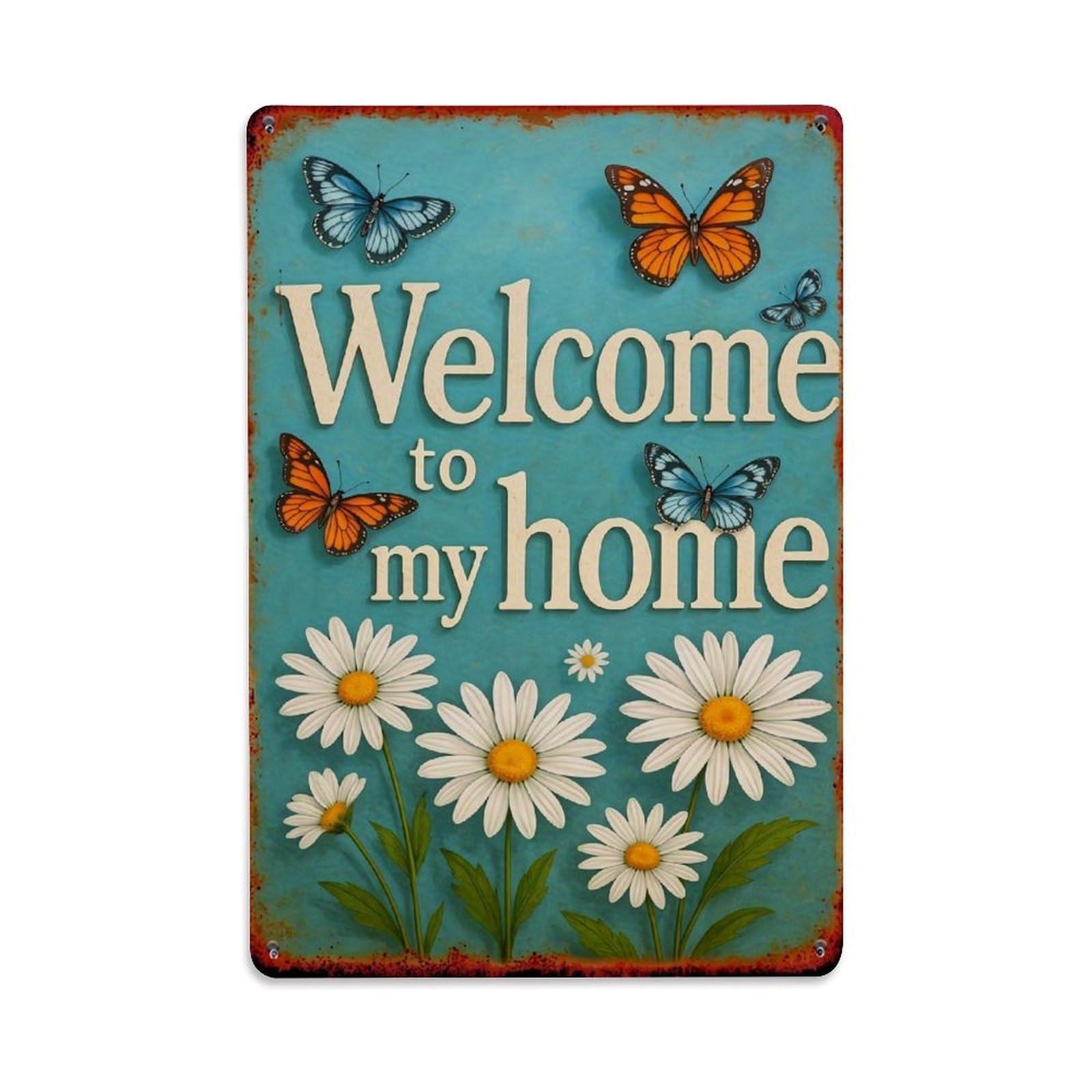Jdyaojiesheng Vintage Butterfly Daisy Welcome Home Sign Tin Sign Retro Metal Wall Decor Metal Poster, Home Bar Garage Farmhouse Cafe Wall Art Decoration 8X12inches