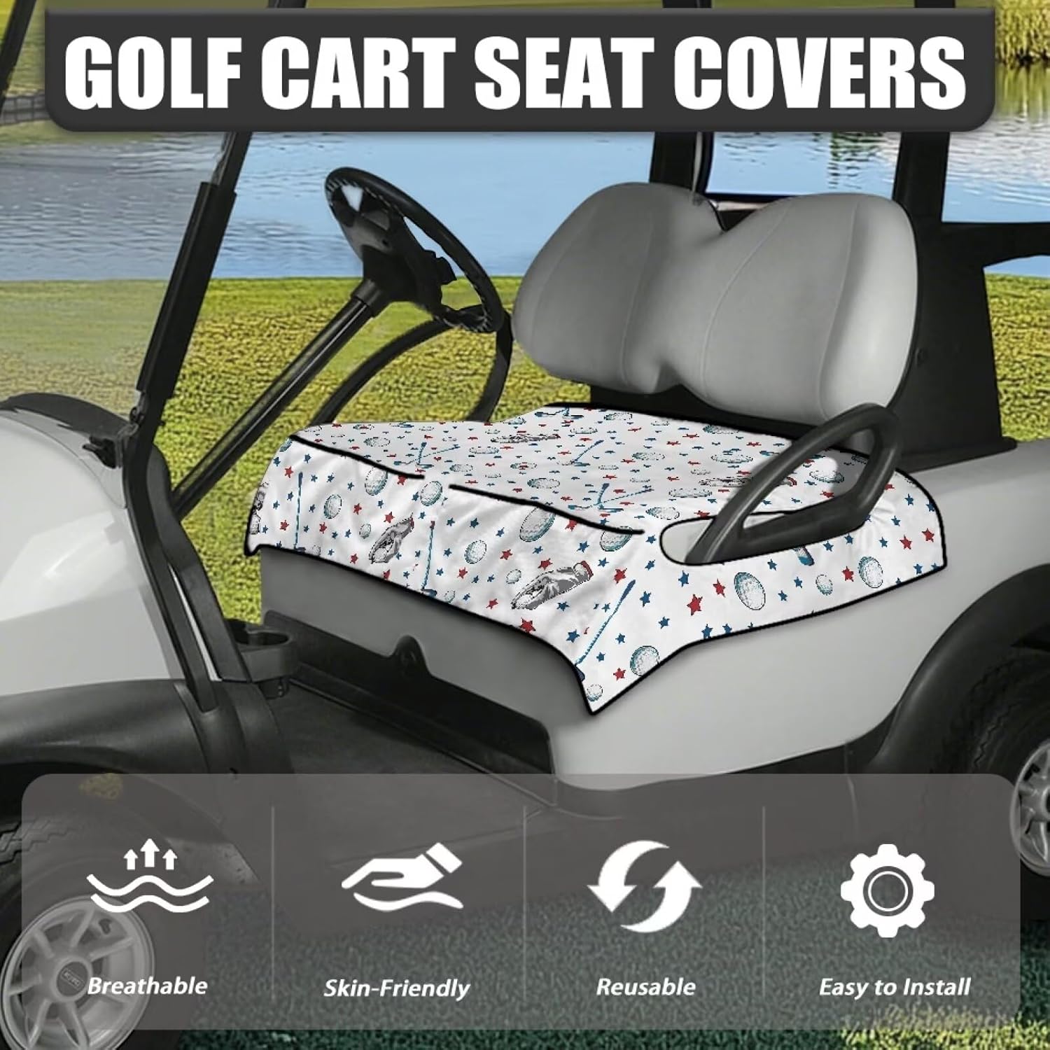 Golf Cart Seat Covers, Easy to Install Non-Slip Golf Cart Seat Towel Blanket 4 Front Pockets Universal Golf Cart Cushion Covers Golf Gloves and Star Print Golf Cart Accessories