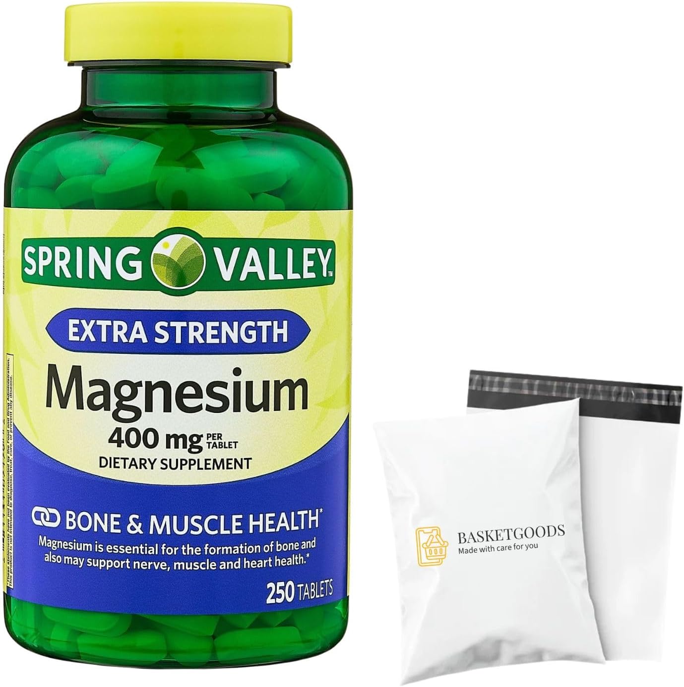 Spring Valley Magnesium 400 mg Bone & Muscle Health Tablets, Dietary Supplement, 250 Count Best Magnesium Supplement for Women, Pastillas de Magnesio para Mujer - Set by Basket Goods