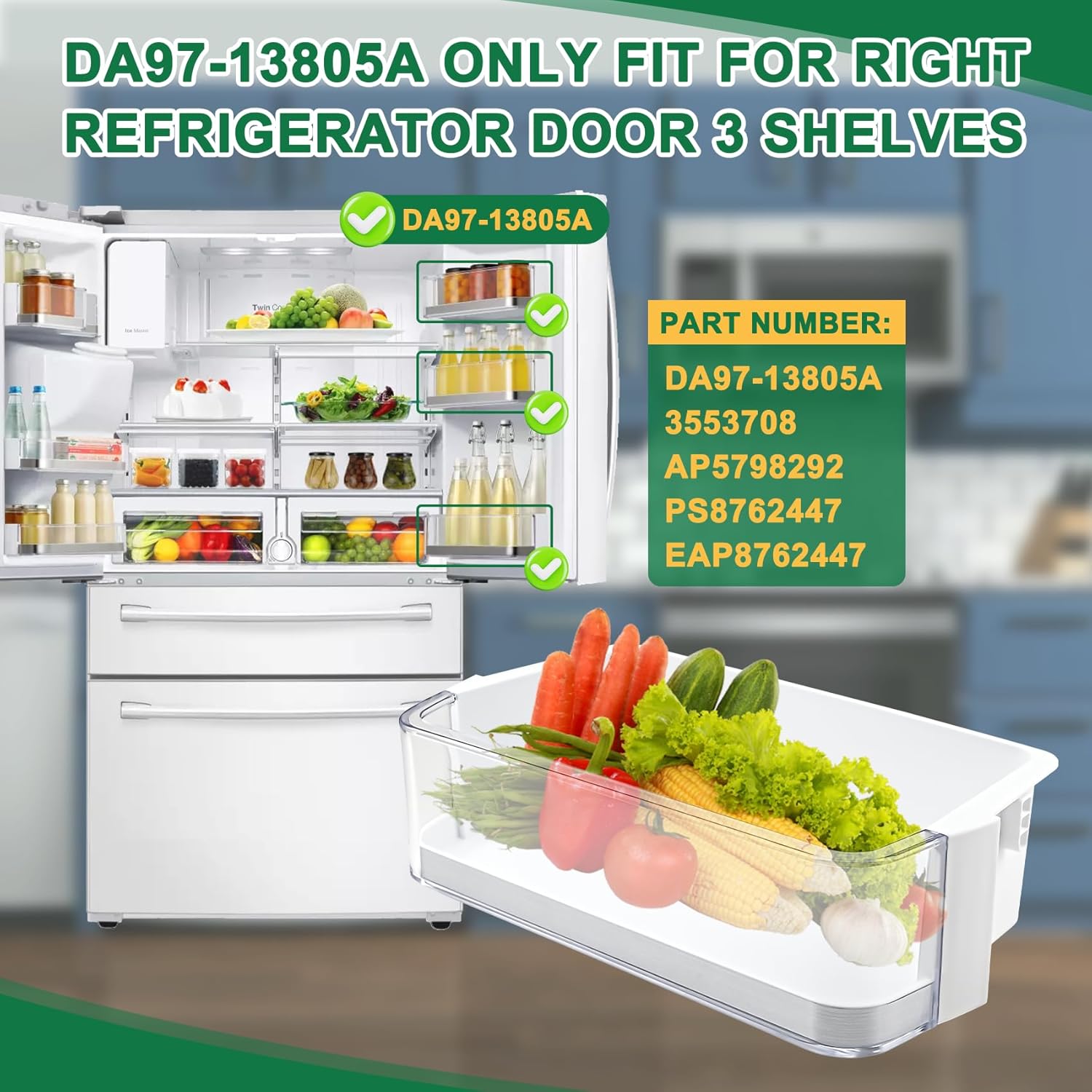 DA97-13805A Door Shelf Bin Compatible with samsung RF23HSESBSR, RF24FSEDBSR, RF28HMEDBBC, etc, Part Number: 3553708,AP5798292, PS8762447, EAP8762447