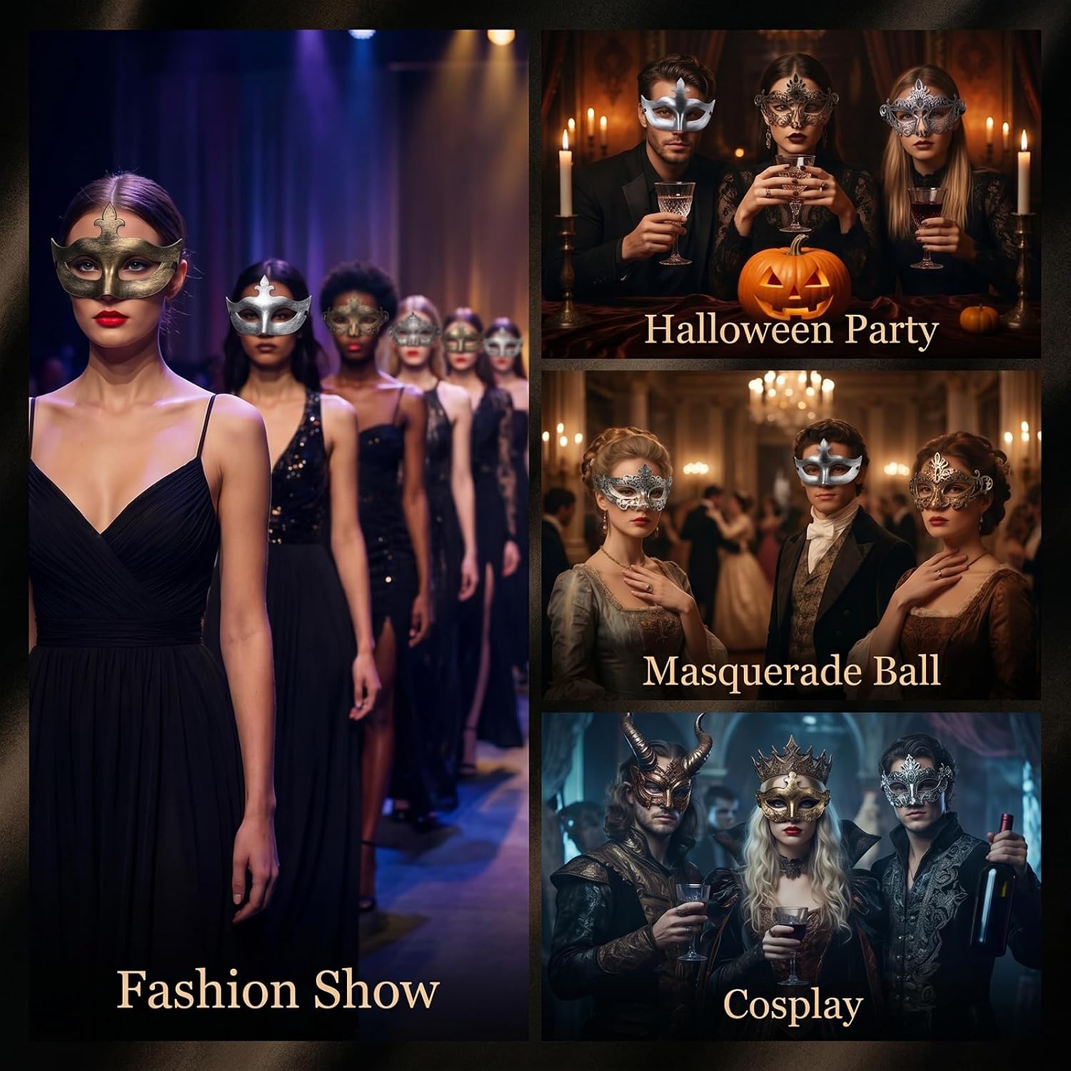 64 Pcs Masquerade Masks Bulk for Women Men Couple, Venetian Vintage Antique Adult Face Halloween Costumes Party Supplies, 32 Styles Each 2 Pcs, Gold Silver Brass Black, Adjustable One Size Fits Most