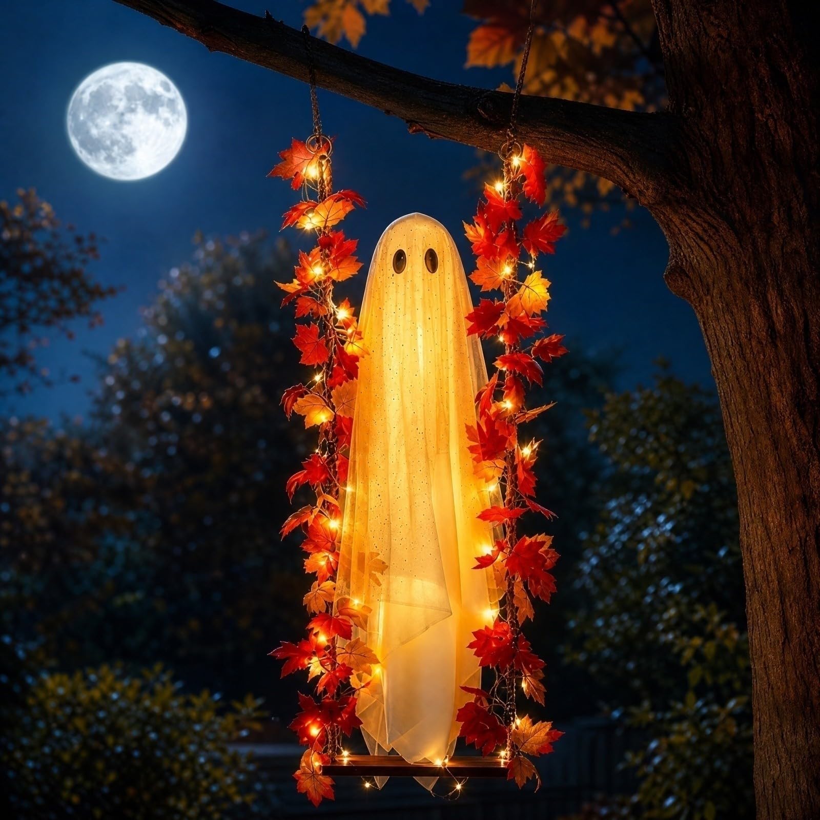 Wiszący duch na Halloween, dekoracja ze światłem LED i huśtawką w kształcie liścia klonu, zdalnie sterowana dioda LED, do użytku wewnątrz i na zewnątrz, na drzewo, werandę, jesienną girlandę