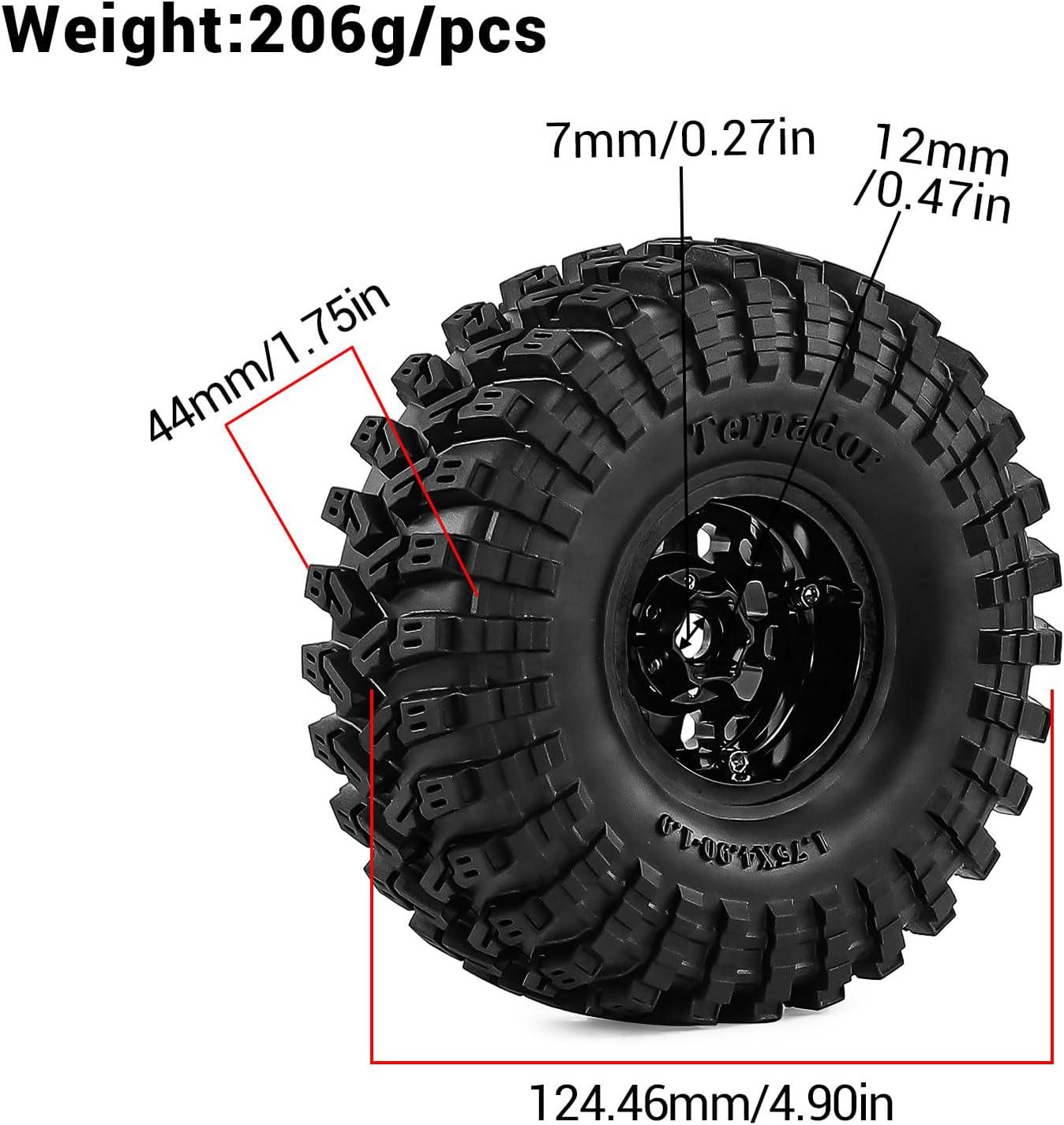 1.9" Beadlock Wheels and Tires 124mm (4.9in) for TRX4 SCX10 1/10 RC Crawler Upgrade Parts (Black, 4pcs)