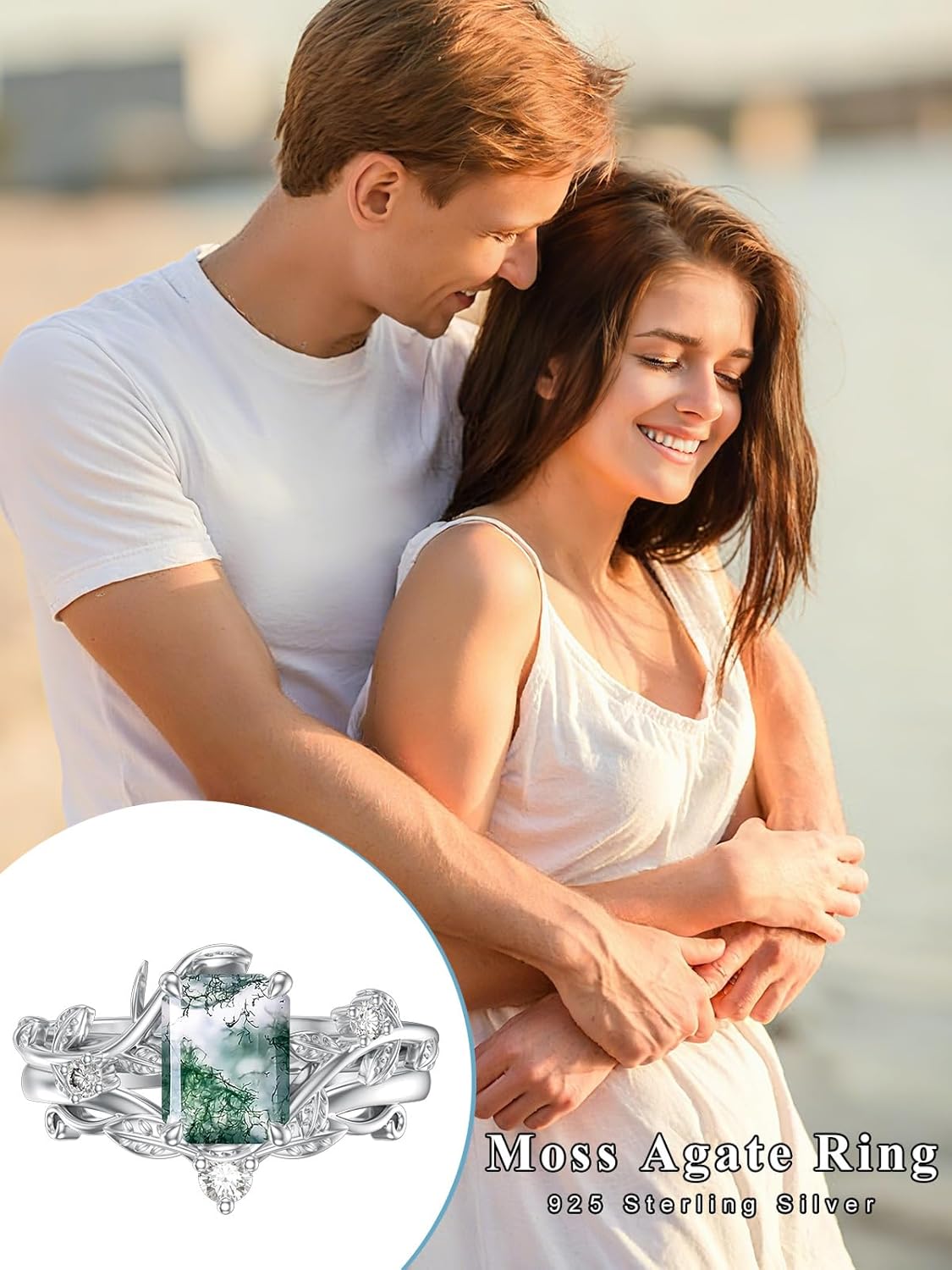 Natural Moss Agate Ring for Women 925 Sterling Silver Pear/Oval/Kite/Heart/Hexagon/Emerald/Coffin Cut Green Leaf Moss Agate Engagement Ring Promise Bridal Set Anniversary Birthday Jewelry Gifts