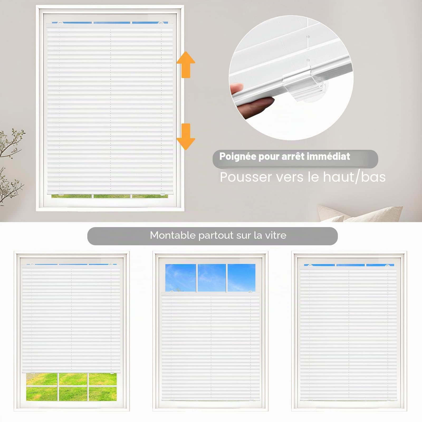 WOLTU Store Plissé sans Perçage avec Ventouses, Store Plissé Intérieur Translucide Protection Solaire pour Fenêtres Ordinaires, Fenêtres de Toit, Portes de Balcon, 90x130 cm, Blanc