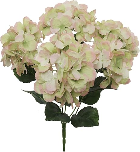 Larksilk CharmBloom - Arbusto de hortensias artificiales de 20 pulgadas con 5 cabezas verdes y rosas, flores sintéticas realistas para decoración
