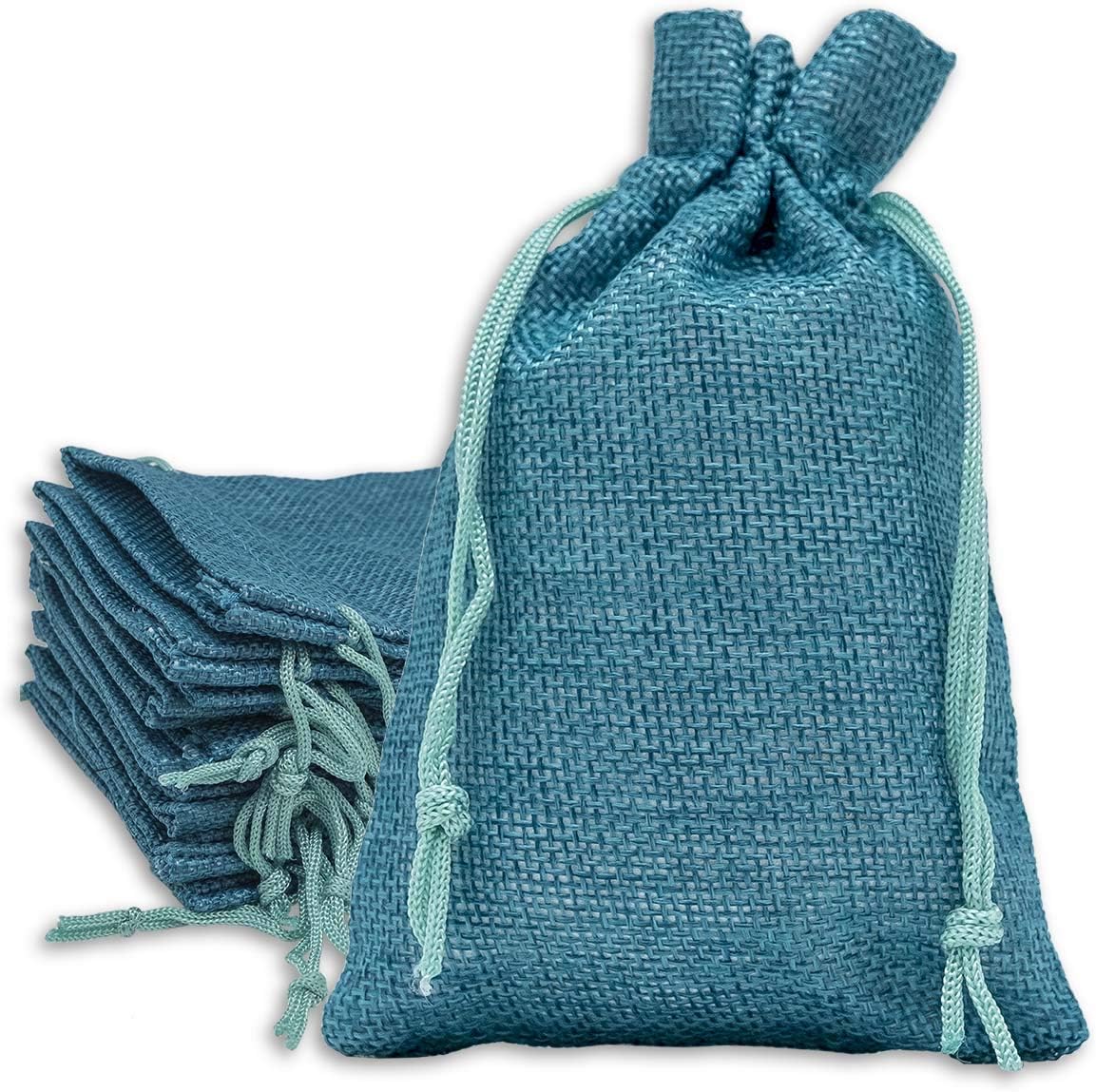48-Pack 3x4 Natural Linen Burlap Bags w. Drawstring (Teal Blue, Mini) for Party Favors, Gifts, Christmas Presents or DIY Craft by TheDisplayGuys