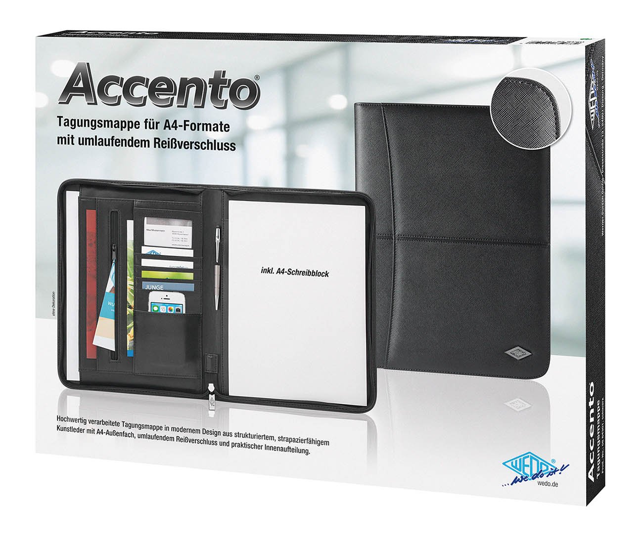Wedo 5864301 Accento teczka konferencyjna DIN A4 ze sztucznej skóry, zamek błyskawiczny, kieszeń zewnętrzna, kilka kieszeni wewnętrznych, szlufka na ściągacz wraz z blokiem do pisania, czarna