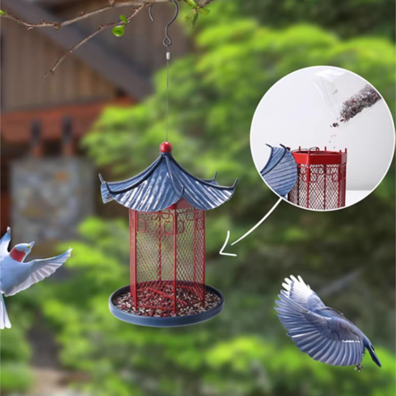 Mangiatoia Uccelli Mangiatoia for Uccelli Sospesa A Forma di Padiglione for Giardino Esterno con Balcone Bird Feeder