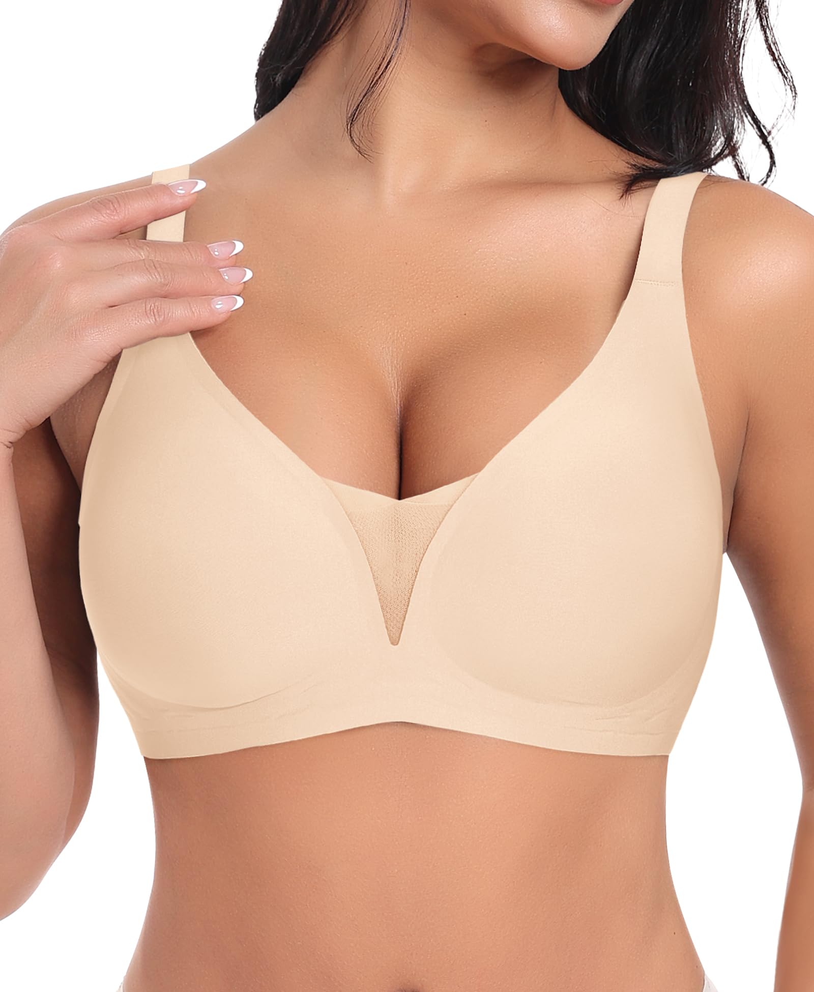 Ganado Soutien Gorge sans Armature Femme Brassière Push up Dentelle Col en V Profond Brassiere Classiques Bralette sans Coutures Coton