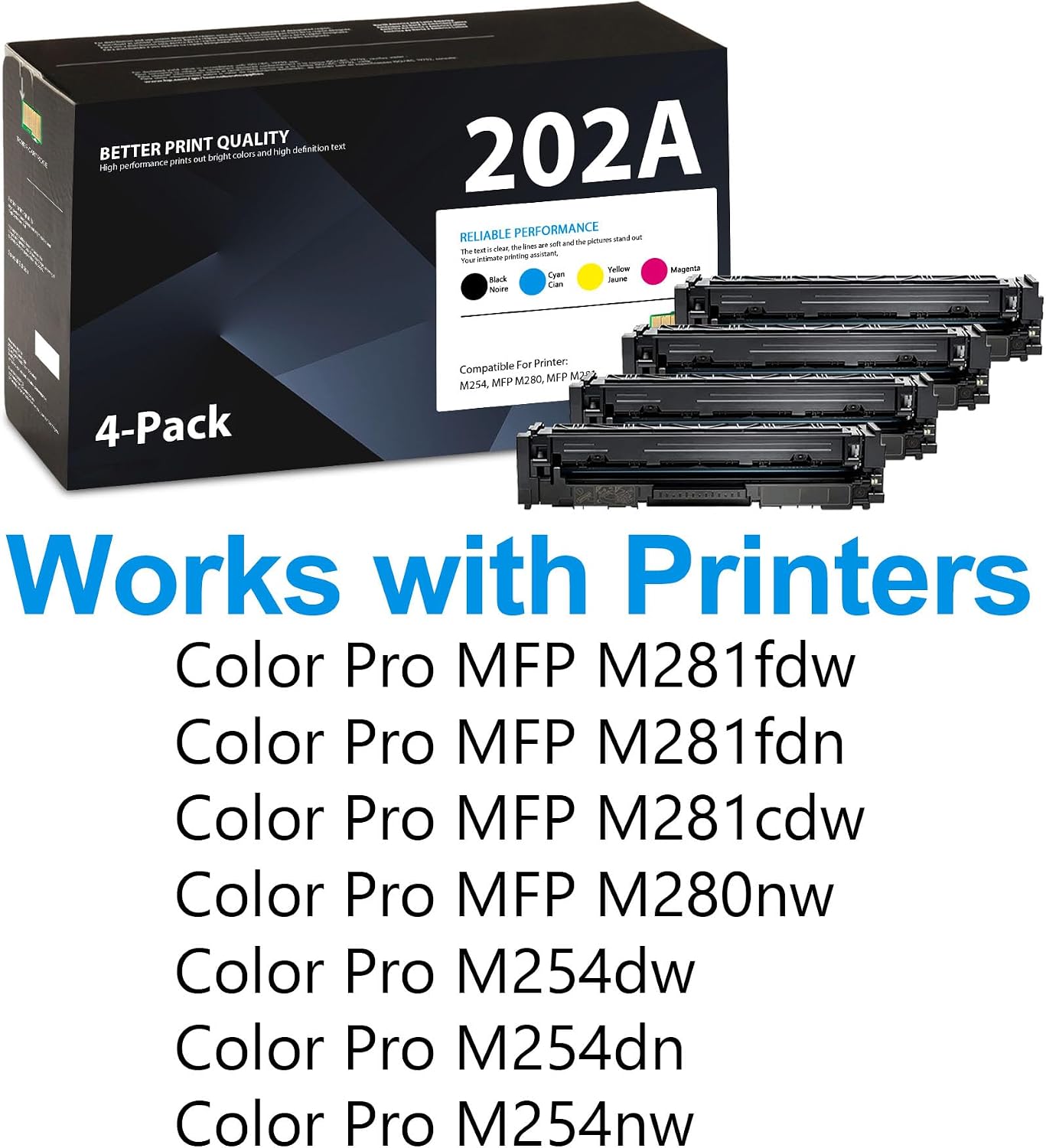 4-Pack 202A Toner Cartridges with Chip - Replacement for HP 202A Color Laser Jet Pro MFP M281fdw M281cdw M281fdn M280nw M254dw M254nw M254dn Printer - Black Cyan Magenta Yellow