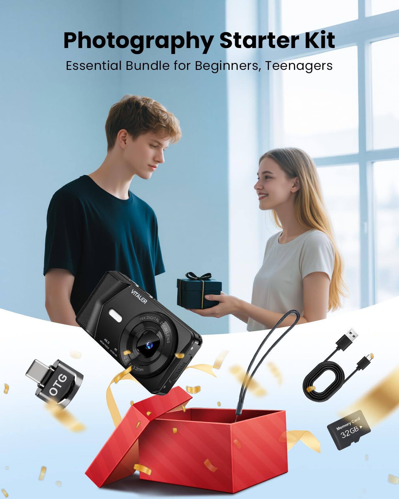 Fotocamera digitale, autofocus 48 MP 4 K fotocamera per fotografia con scheda da 32 GB, fotocamera digitale compatta portatile per adolescenti adulti principianti bambini con guscio in metallo