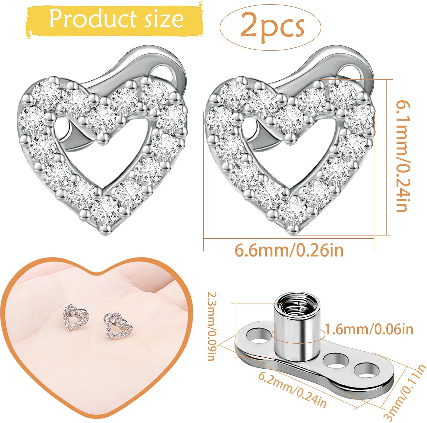 2 PCS 14G Cubic Zirconia Dermal Anchor Tops and Base Surgical Titanium Steel CZ Diamond Microdermals Internally Threaded Studs Body Piercings Jewelry Gift for Women Men