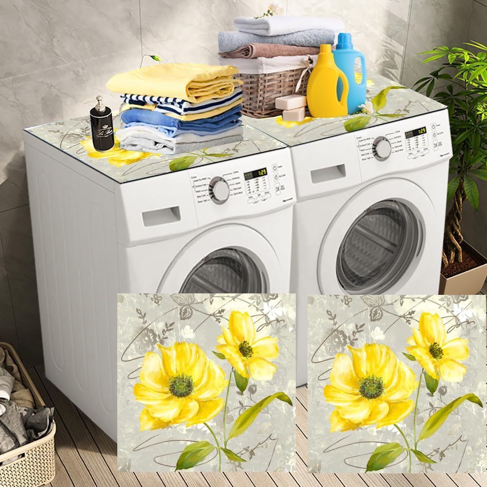 Flowers Washing Machine Dust Cover - Floral Washer Dryer Top Mat, Super Absorbent for Microwave, Refrigerator (Yellow Daisy)