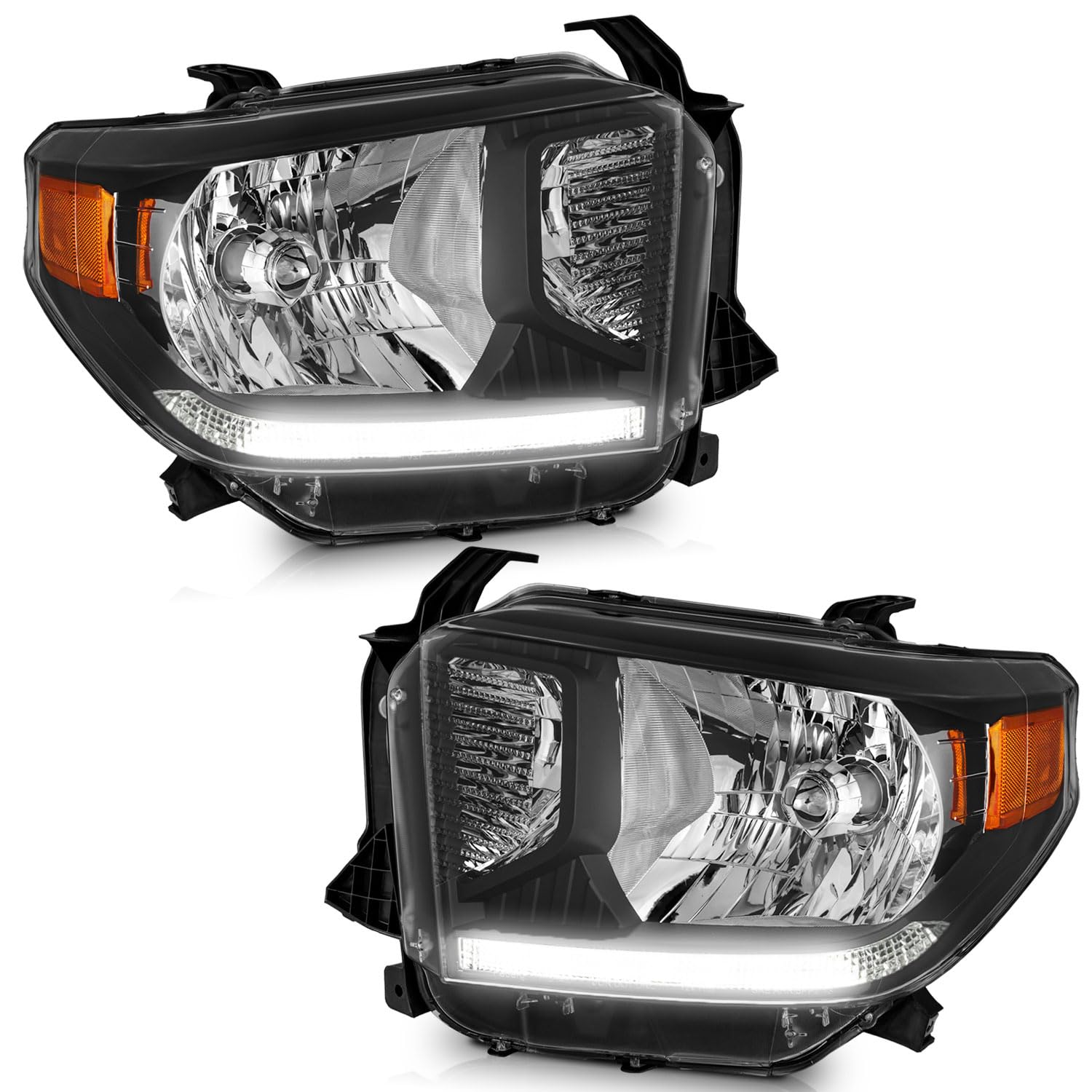 WEELMOTO Headlights Assembly For 2014-2021 Toyota Tundra Headlight Assembly Pair with DRL Strip Replacement For 14 15 16 17 18 19 20 21 Toyota Tundra Black Housing Amber Reflector Set