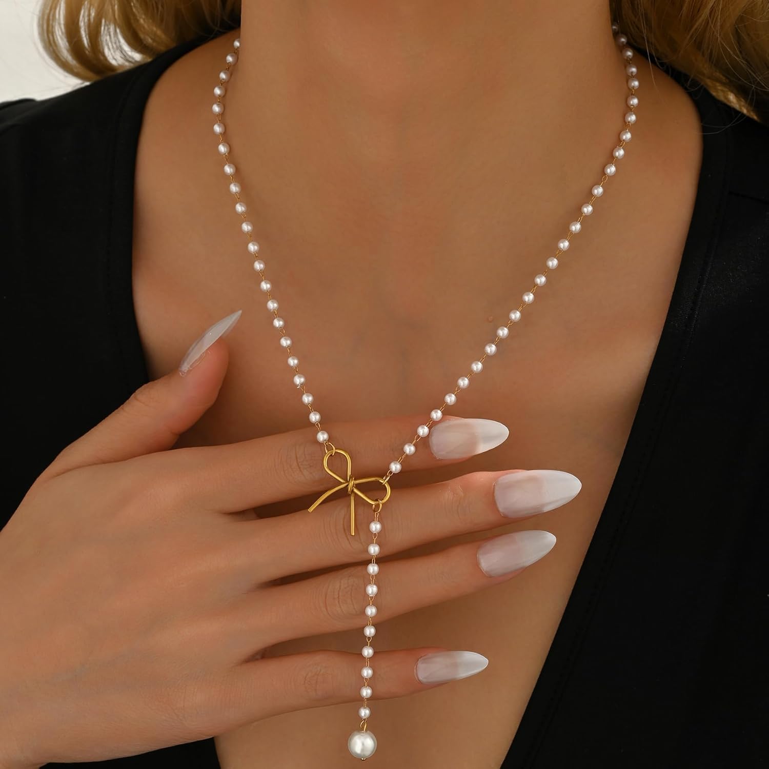 Y-Shaped Necklace for Women,18K Gold Plated Minimalist Lariat Chain with CZ Flower Pearl,Trendy Cross Bow Necklaces Everyday Boho Jewelry - Image 4