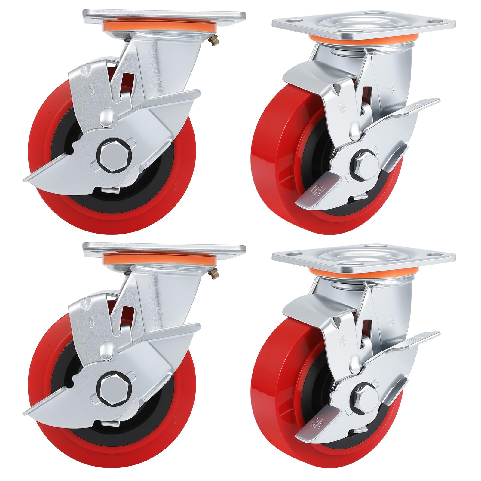 Nfbcxutkw 4*Side Brake 5 Inch Caster Wheels,Heavy Duty Caster Set Of 4,Polyurethane Surface Tpe Casters,Load 4000Lbs Swivel Brake Plate Casters,For Shelving, Toolbox, Workbench(4*Side Brake)