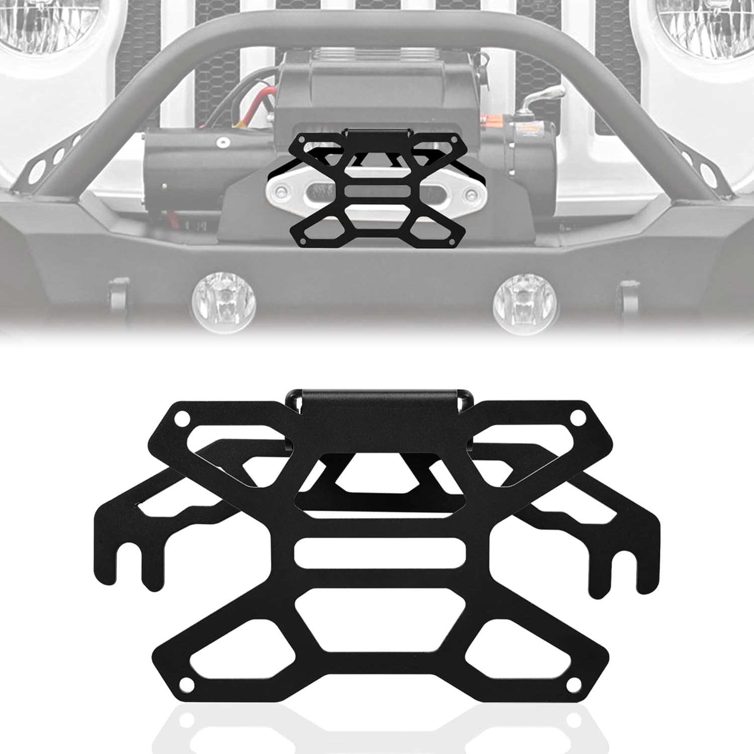 sukemichi Front License Plate Bracket, No Drill License Plate Mount, Flip Up License Plate Bracket for 10" Hawse Fairlead, Hinged License Plate Holder for Jeep Pickup Truck Off-Road Car Front Bumper