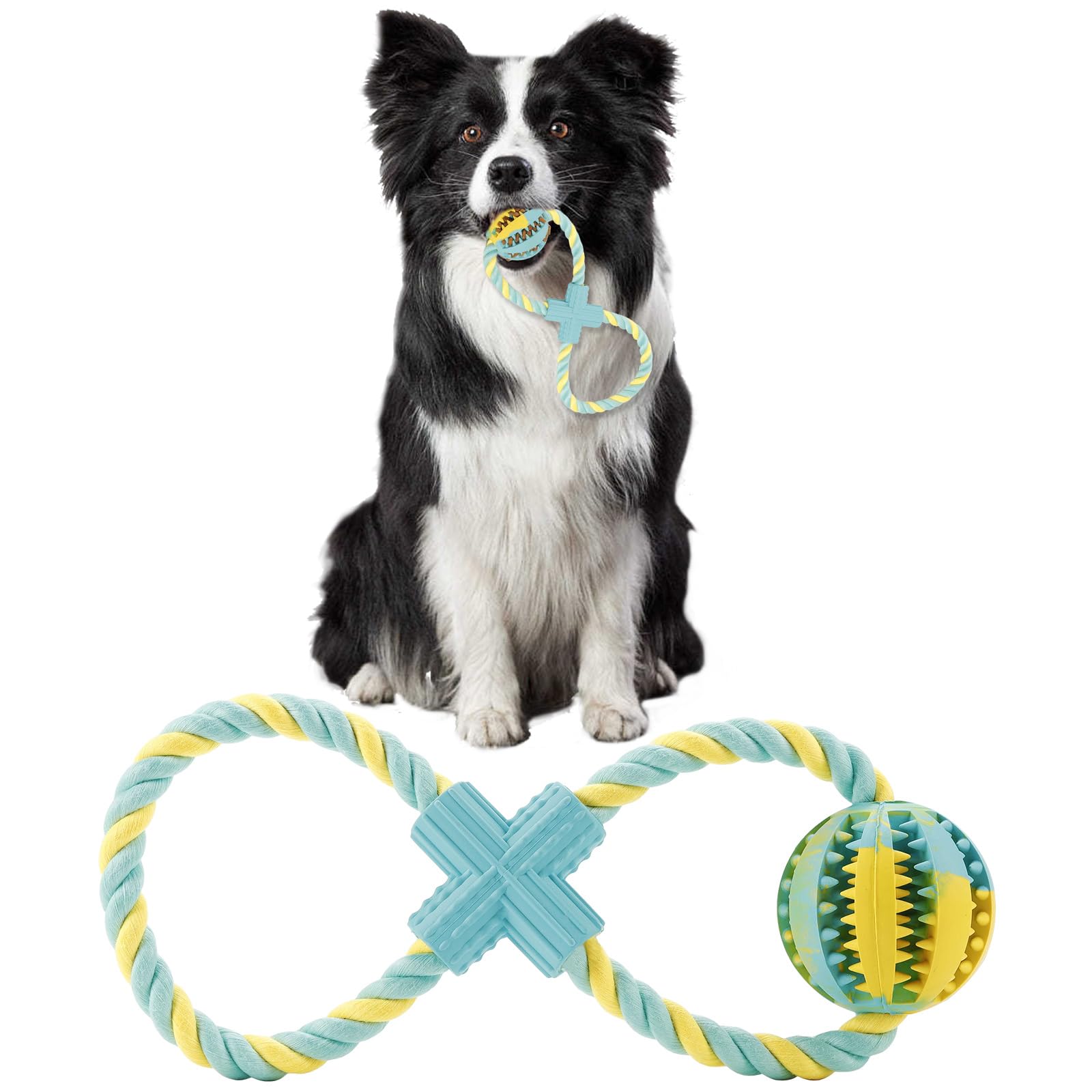 DEWEL Juguete para Perros, Juguete para Morder para Perro Durable Maticable Cuerda, Juguetes Interactivos para Perros Grandes Medianos y Pequeños Juguete con Pelota para Comida de Caucho 7 cm