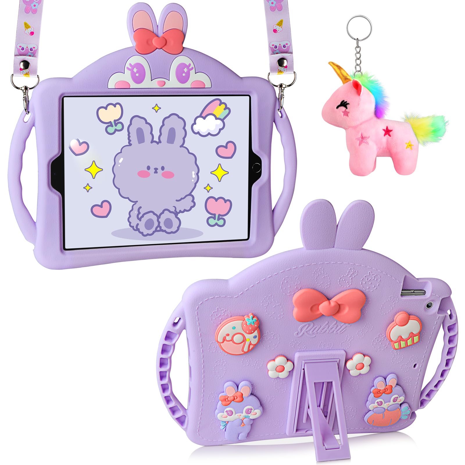 Aolcev for iPad 9th 8th/7th Generation Case 10.2 Heavy Duty Shockproof with Kickstand Lanyard Unicorn Keychain for Girls Kids Cute Tablet Protective Cover for iPad 10.2 inch Case 2021/2020/2019-Purple
