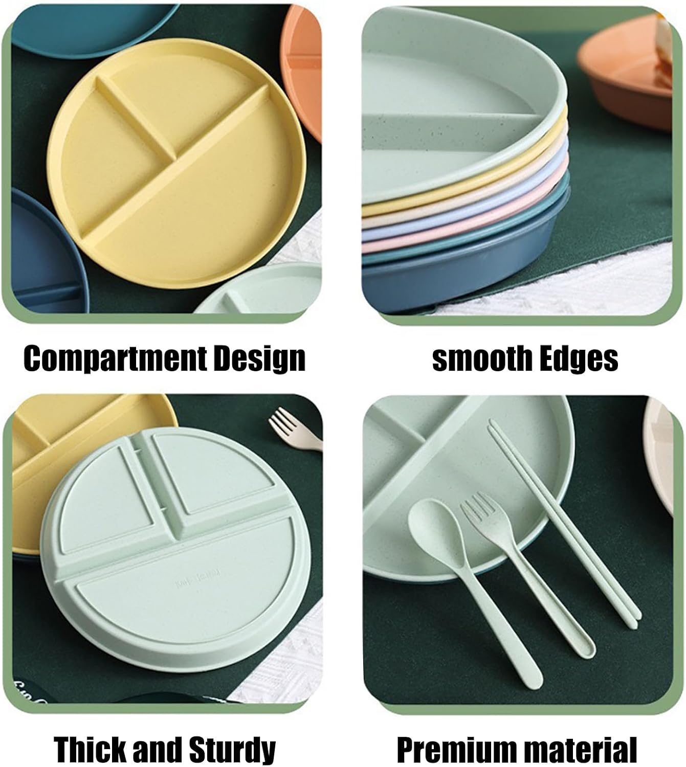 8 Packs 9 Inch Divided Plates For Adults, 3 Compartment Portion Control Plates, Lightweight Reusable Plastic Dinnerware, Microwave Safe, Perfect for Home, Kitchen, Camping, Travel, Picnic, Party, Dorm