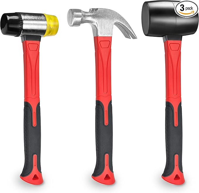 3 Pcs Hammer Set,16oz Rubber Mallet,16oz Claw Hammer and 40mm Double Faced Soft Hammer With Shock Reduction Grip Fit for Indoor and Outdoor Furniture Decoration