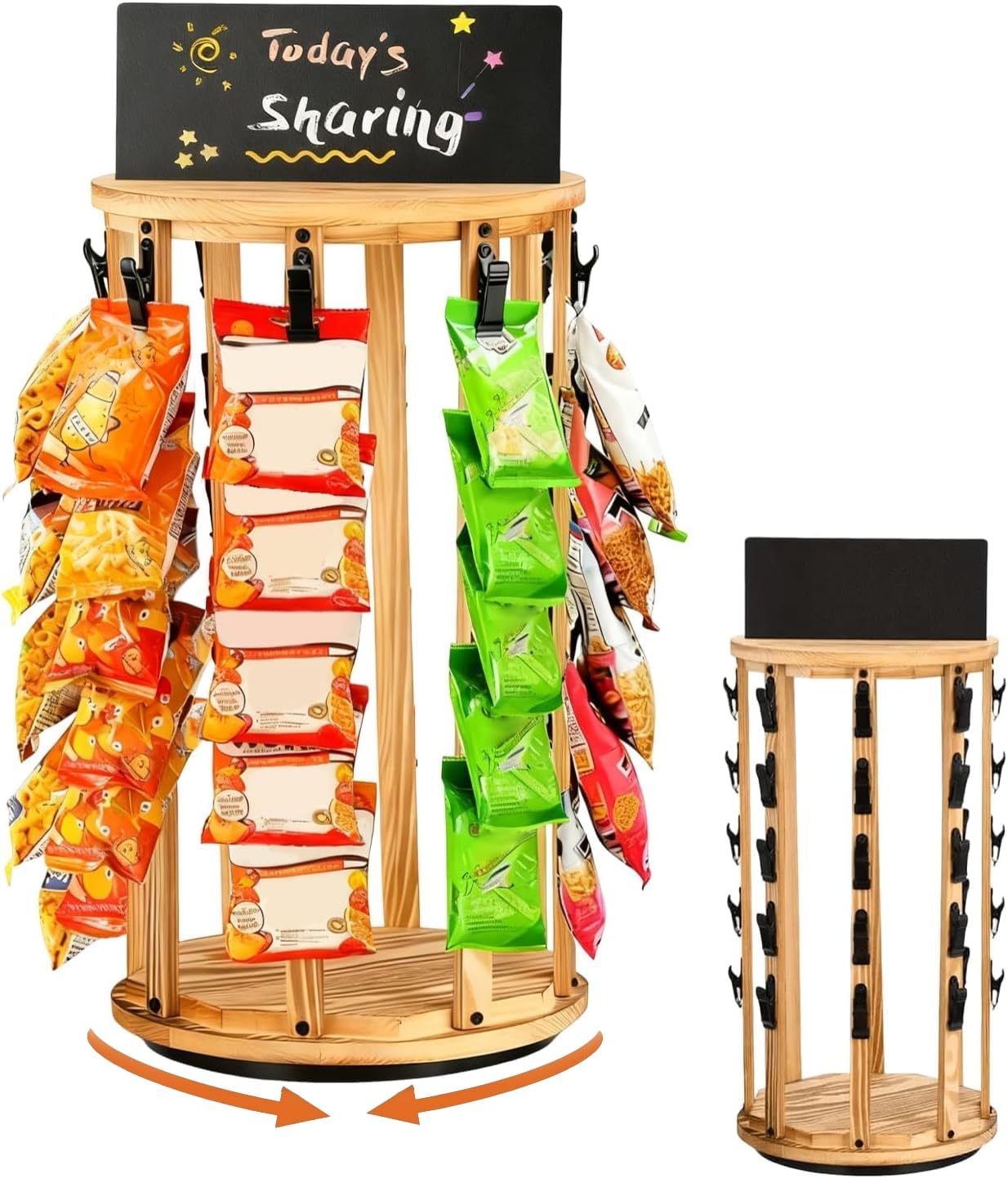 Chip Rack Display Stand, 5 Tiers 40 Clips Snack Organizer, 360° Rotating Wooden Base Chip Holder Candy Display with Message Board for Retail Store, Concession Stand, Party, Office Desk