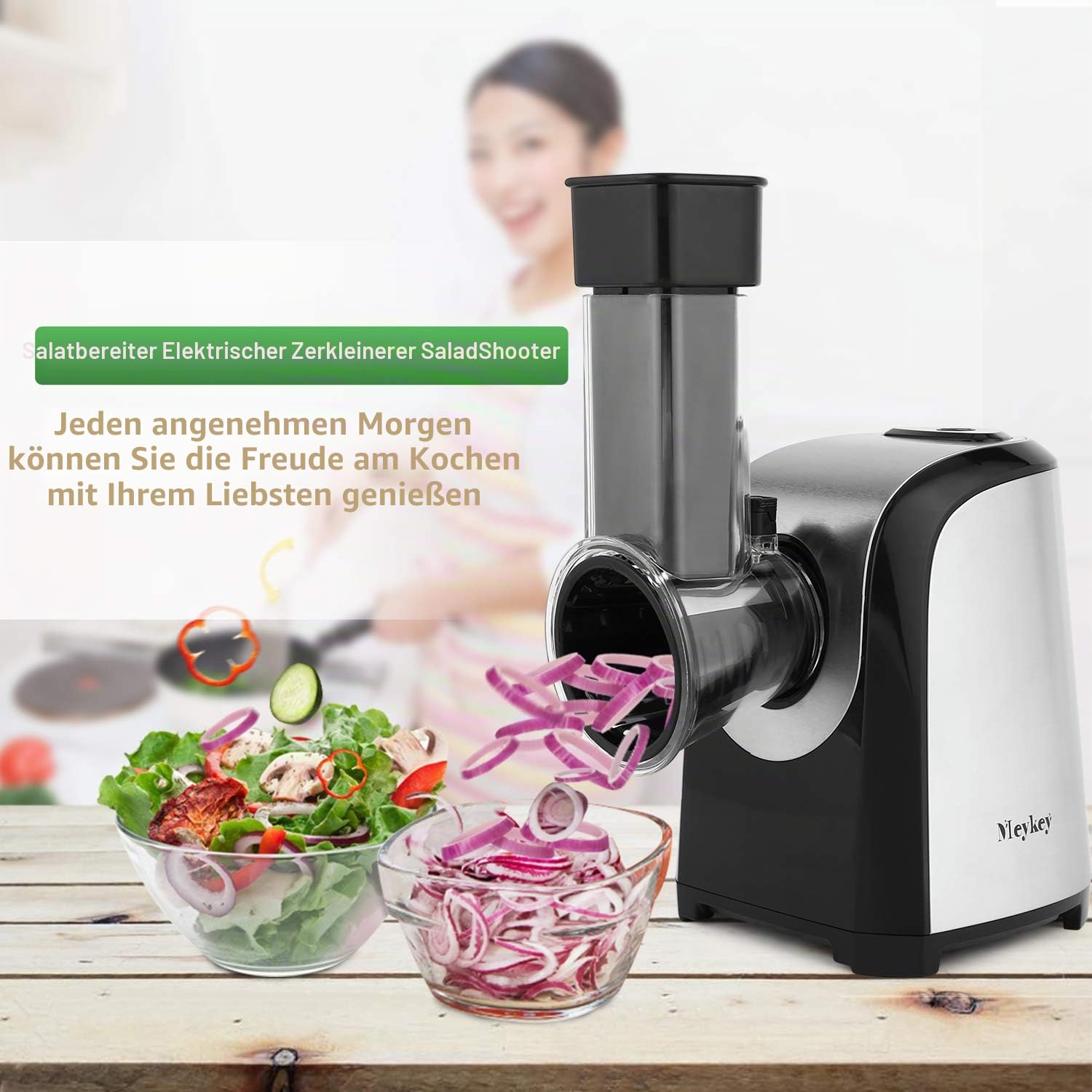Elektrische Reibe 150W - 5-in-1 Gemüseschneider Elektrisch mit Kartoffelreibe & Gemüsereibe für Käse, Nüsse, Rösti, Zerkleinerer
