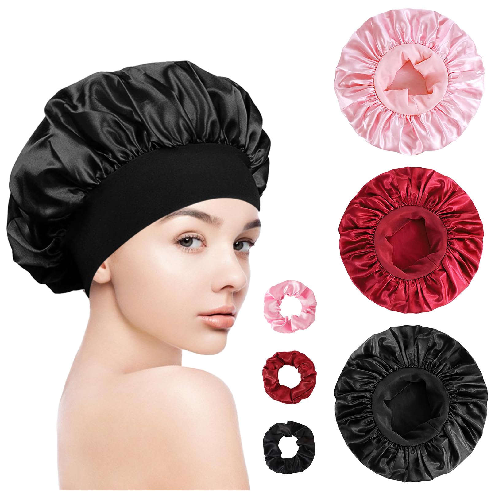 Azoisuwr Silk Satin Hair Bonnet for Sleeping 3 Pack Adjustable Sleep Bonnet Silk with Hair Bobbles, Bonnets for Women Hair Protection the Night