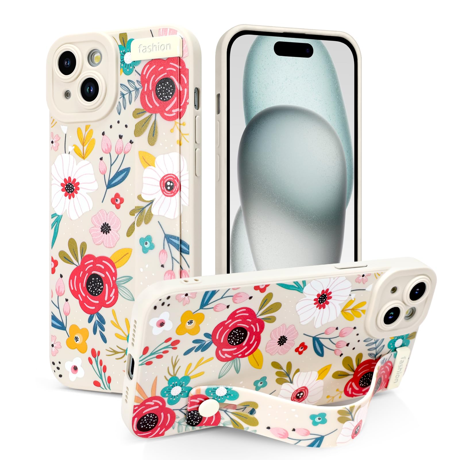 Jefonha Case for iPhone 15 Silicone Phone Case with Strap for Women Girls Cute Floral Flowers Pattern, Adjustable Soft Finger Strap Kickstand