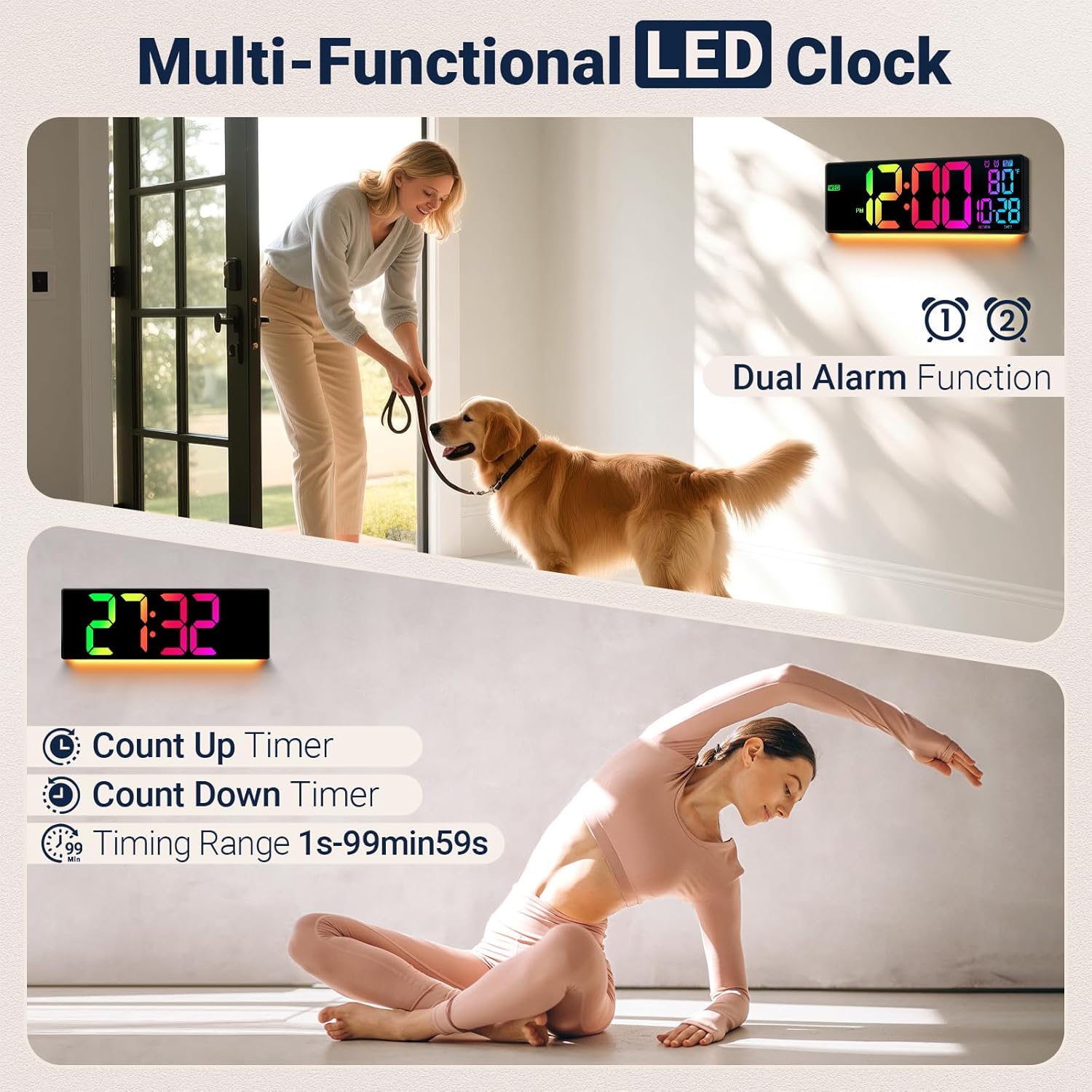16.5" Large Digital Wall Clock with Remote Control, Auto-Dimming LED Display with Date Temp, Big Number Wall Mount Decor Clock for Seniors, Classroom, Dorm, Home, Office, Gym Colorful