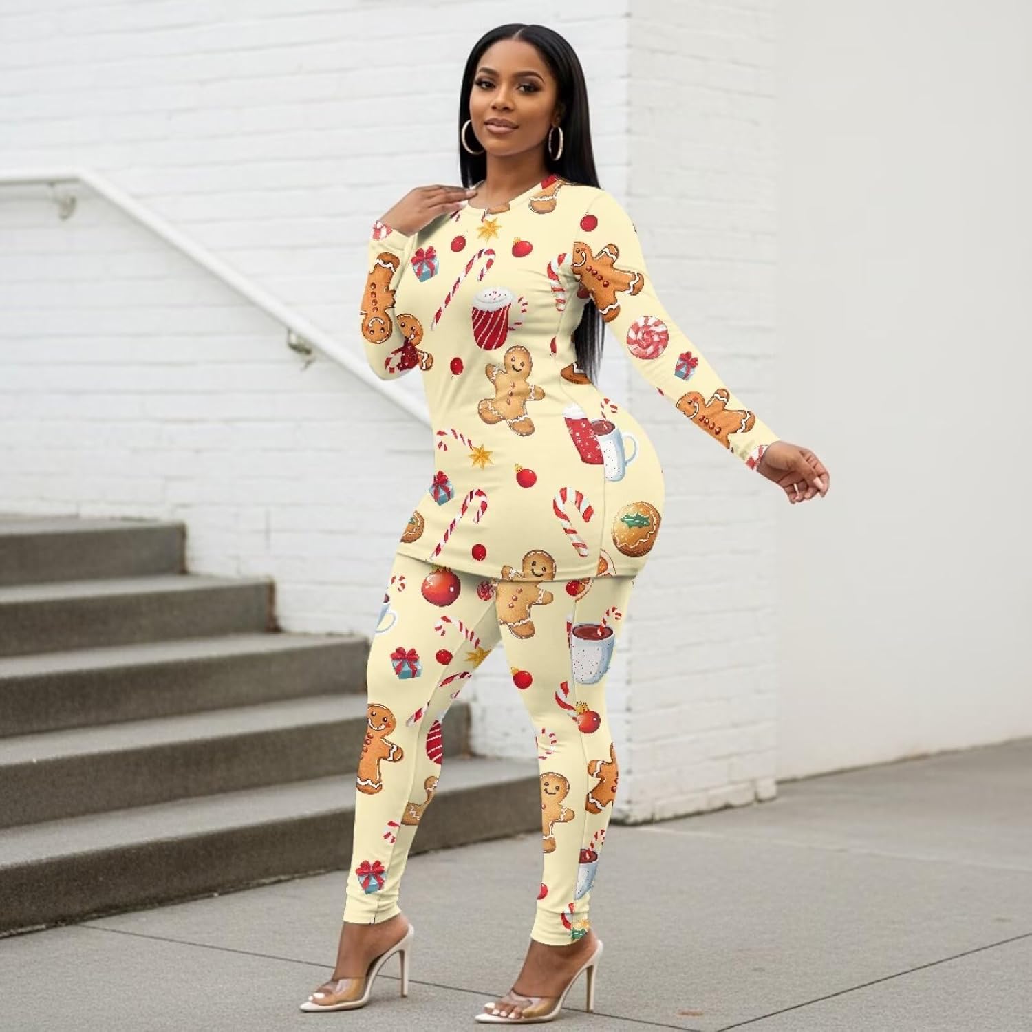 Christmas Yoga Sets for Women 2 Piece Long Sleeve Outfit Crewneck Butt Lifting Work Out Sets