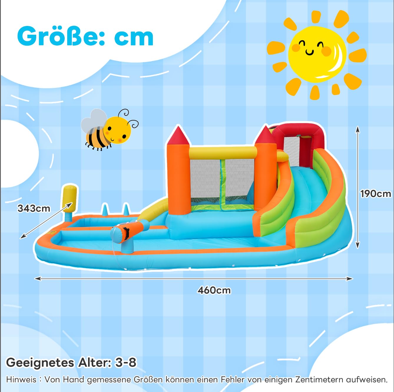Castillo hinchable con tobogán acuático y trampolín – Parque acuático multifuncional, piscina infantil, canasta de baloncesto, pistolas de agua, soplador de 450 W, 460 x 343 x 190 cm, para interiores
