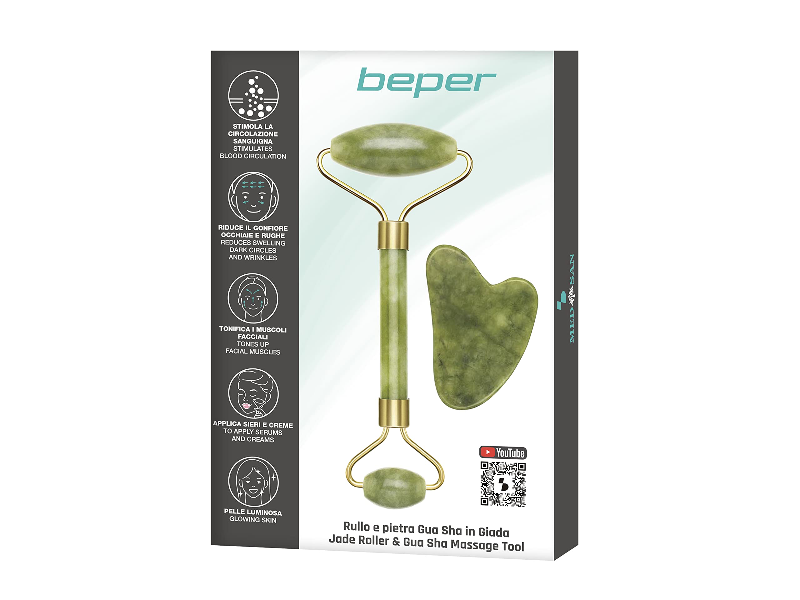 BEPER C301ABE101 Jade Gua Sha wałek i kamień, Jade Roller & Gua Sha Narzędzie do masażu, masaż twarzy i ciała, kojący, modelujący i przeciwstarzeniowy, zielony