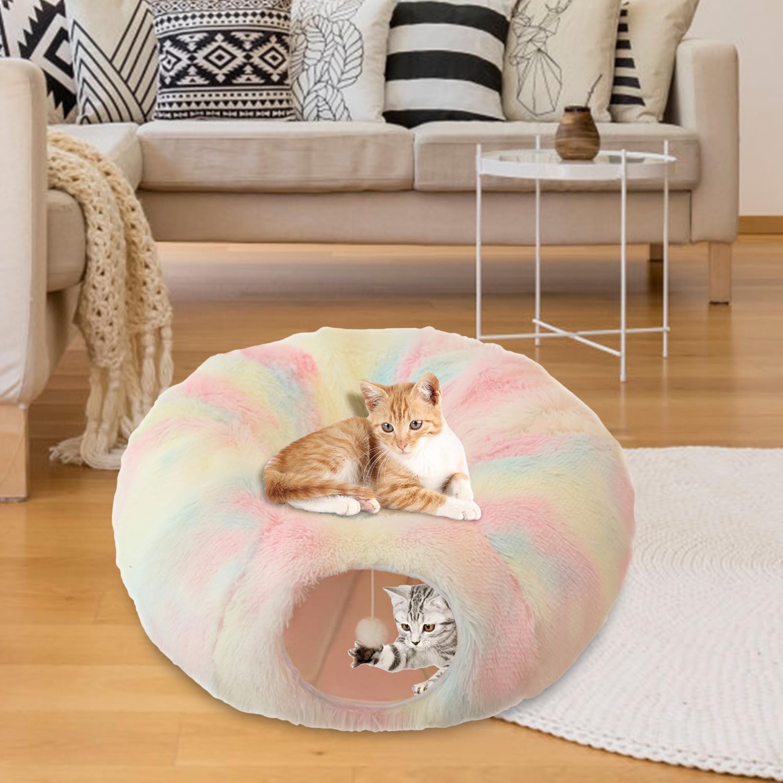 awakentti Tunnel en forme de beignet pour chat avec jouet en peluche, lit rond pliable pour chat, résistant aux rayures, jouet tunnel pour chiot, furet, chaton, lapin
