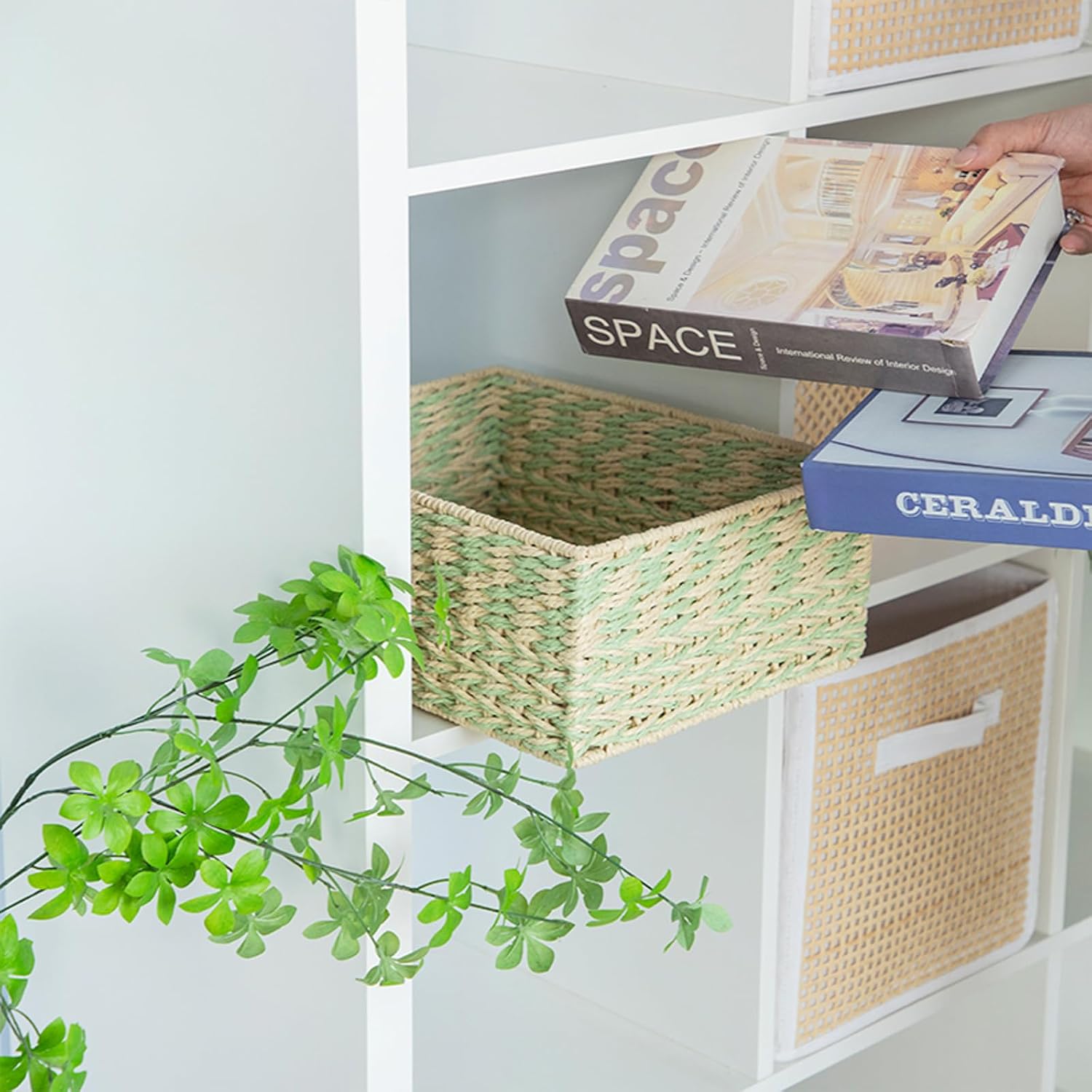 Beige and Green Colorblock Woven Storage Basket, Recycled Paper Cord Storage Box for Cabinets, Drawers, Shelves, Dressers