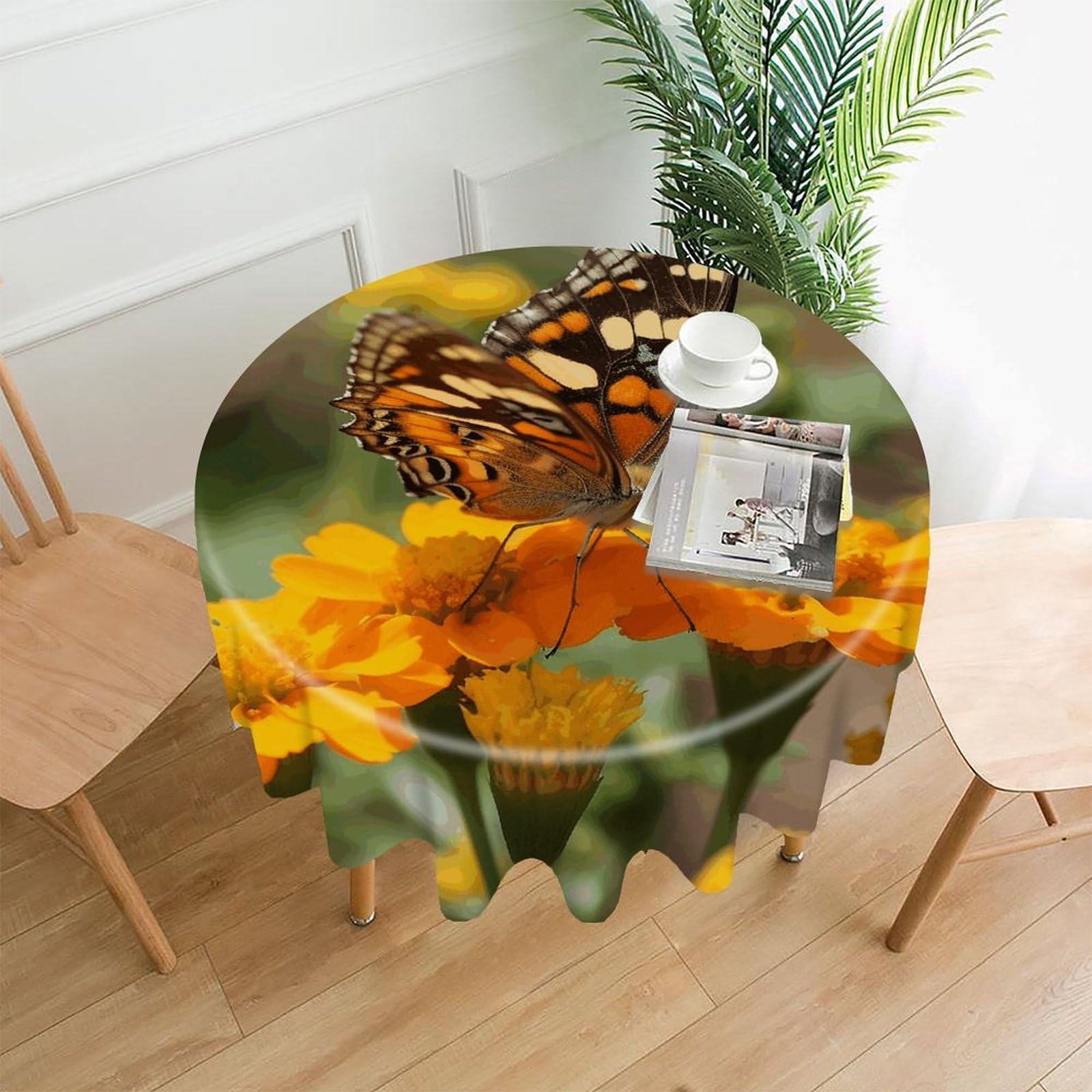 FekiLoot Round Wildflower Butterfly Tablecloth Decorative Fabric Table Cloth Wrinkle Free Circle Dining Tablecover Washable Polyester Table Cover for Holiday Dinner Party Decor 60"