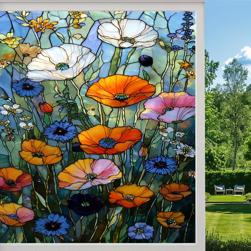 Pmlbaous Rural Poppy Stained Glass Window Film, Colorful Field Wildflowers Peel And Stick Privacy Film, Frosted Adhesive Vinyl Decorative For Bathroom Windows Glass Doors, （45X60cm）