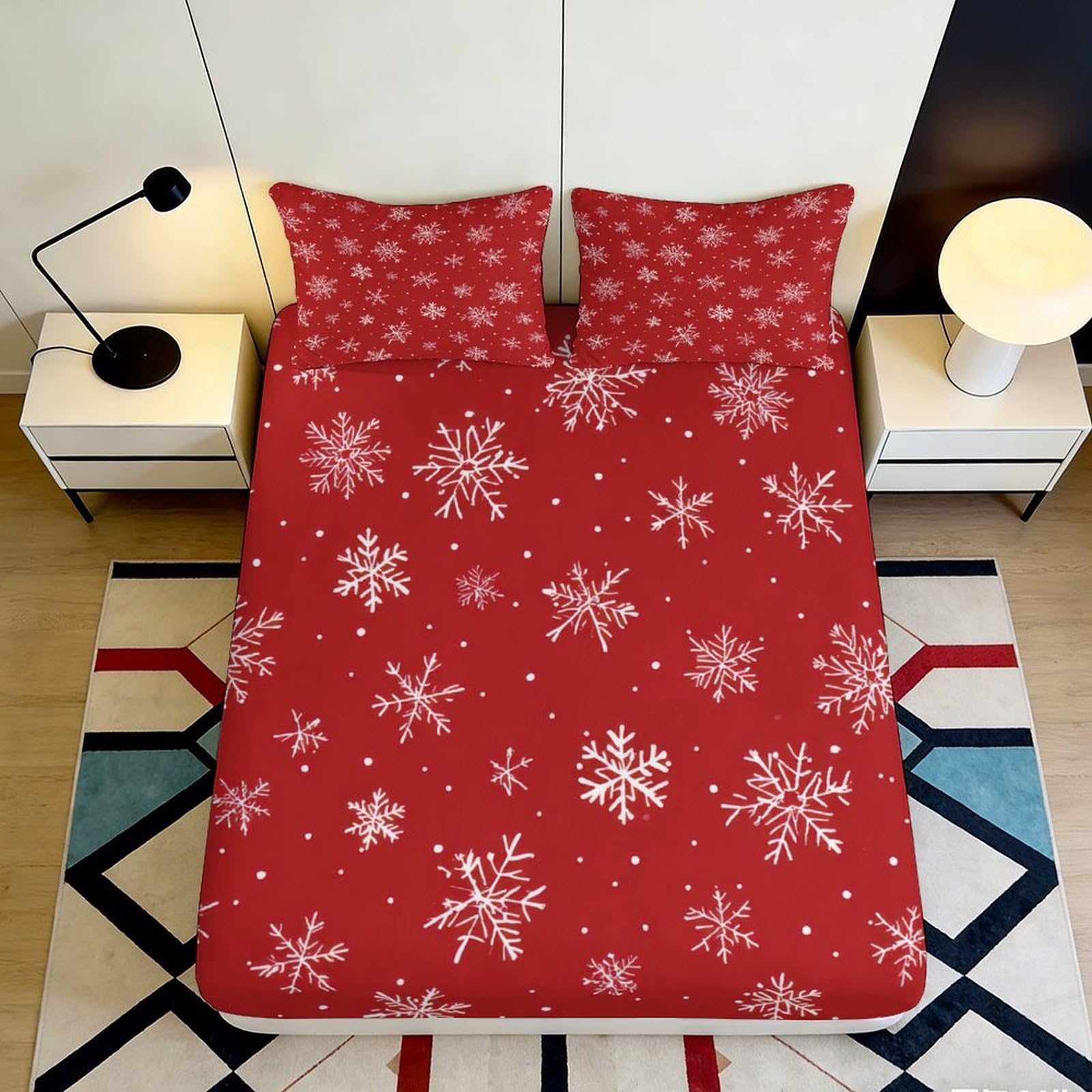 3D Printed Snowflake Fitted Sheet Microfiber Deep Pocket Elastic Hem Bedroom Bedding Snowflake Mattress Fitted Cover Washable 90x200x25cm