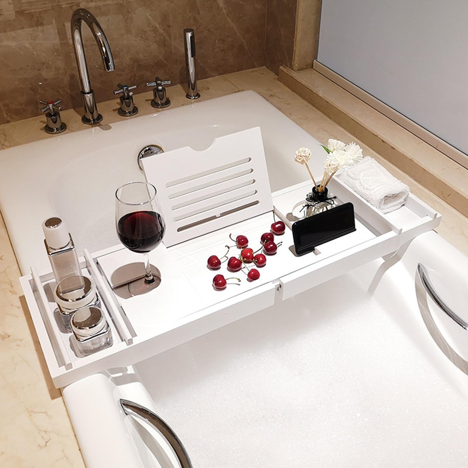 Bandeja de bañera ajustable y fácil de guardar, organizador de bambú con base antideslizante, bandeja relajante para el baño por la noche, soporte para tableta,