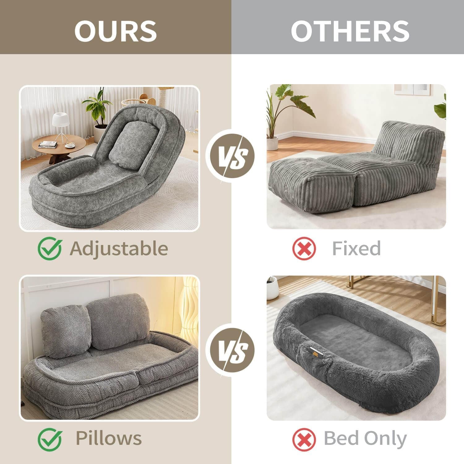 5-Position Adjustable Human Dog Bed, Large Gray Lazy Sofa Bed for Living Room & Bedroom, Foldable Dog Bed for Humans with Pet-Friendly Cushion