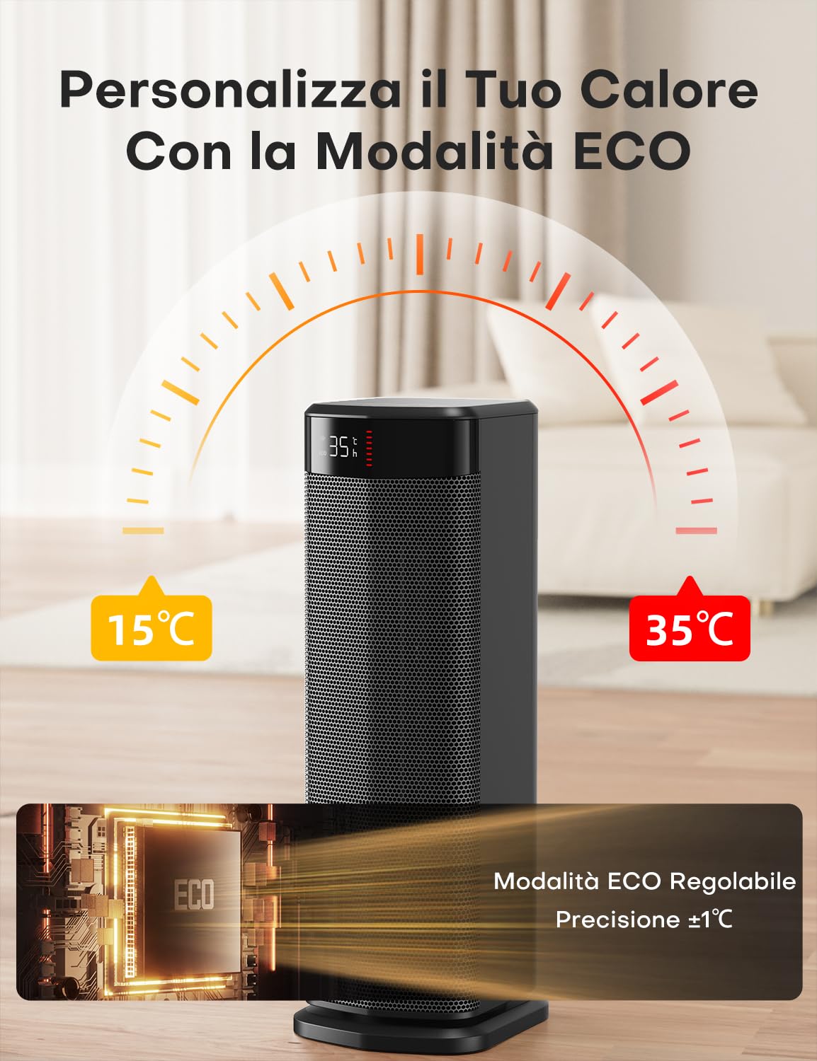 QEXREED Stufetta Elettrica Basso Consumo, 2000W, PTC, 4 Modalità, Modalità ECO, Termostato, 90° Oscillazione, Timer 24H, Telecomando, Protezione da Ribaltamento e Surriscaldamento per Uso Interno
