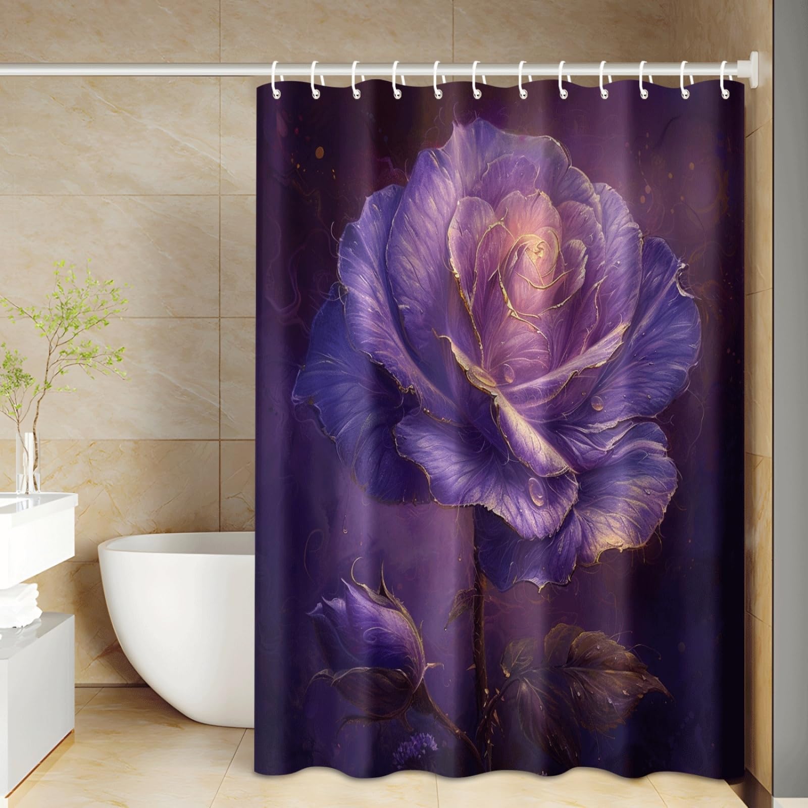 Shower Curtain Brown Purple Rose Mould Resistant Shower Curtains for Bathroom Washable Polyester Bathroom Curtains Decor Wet Room Quick Dry Anti Mould Bath Curtain with 12 Hooks 200x240cm