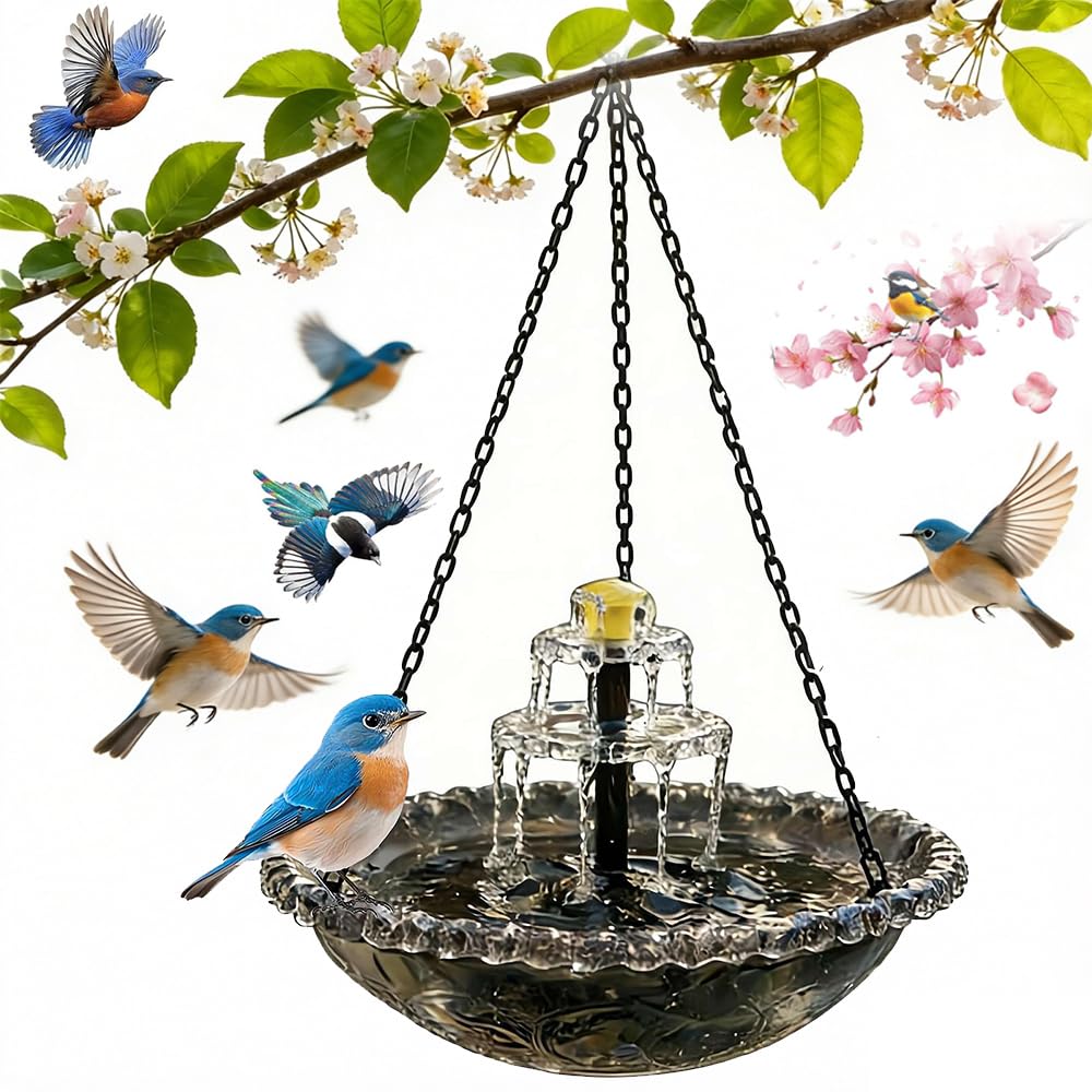 Solar Cascade Hanging Bird Bath Fountain, Solar Powered Birdbath Water Fountain Pumps Dispenser Outdoors Decor, Weatherproof Hanging Water Feature to Attract Wild Birds & Hummingbird