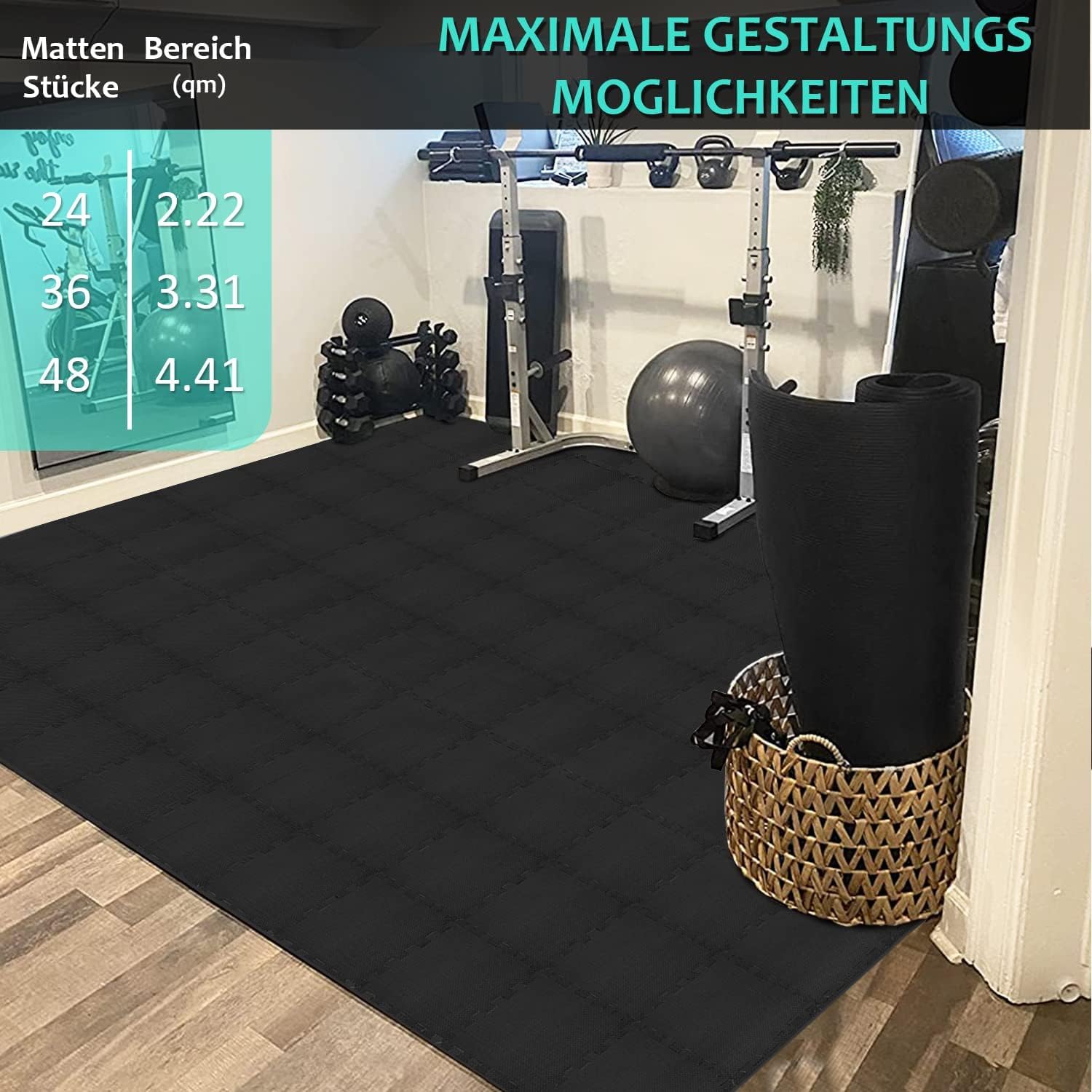 Bodenschutzmatte Fitness Set [31x31cm] - 24 Puzzlematte - EVA Sportmatte Fitnessmatte Rutschfest, Bodenmatte für Fitnessraum&Fitnessgerät, Fallschutzmatten Outdoor&Pool Unterlegmatte, Schwarz